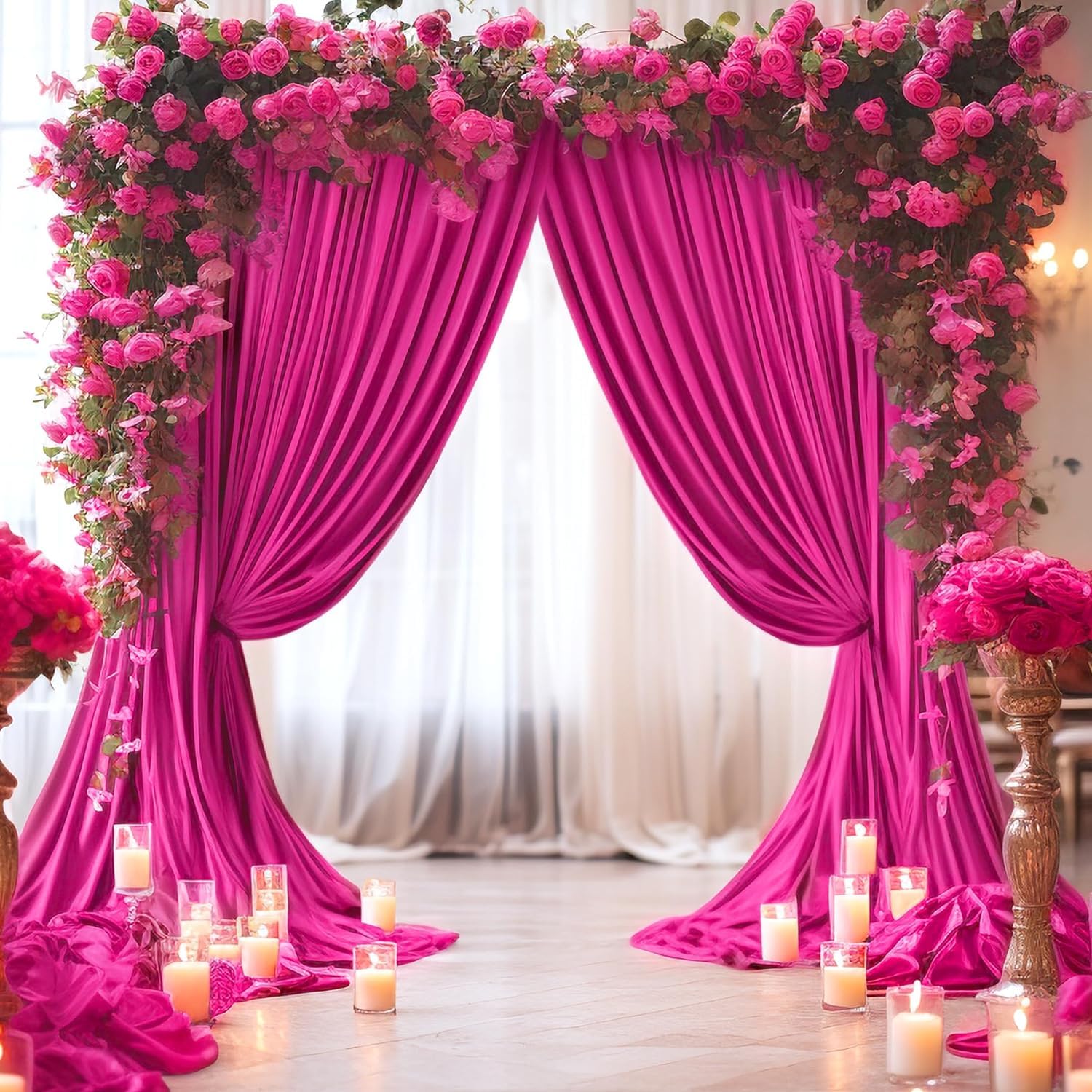 20Ftx10Ft Wrinkle Free Fuchsia Backdrop Curtains For Parties, Thick Polyester Hot Pink Photo Backdrop Drapes 4 Panels 5X10Ft For