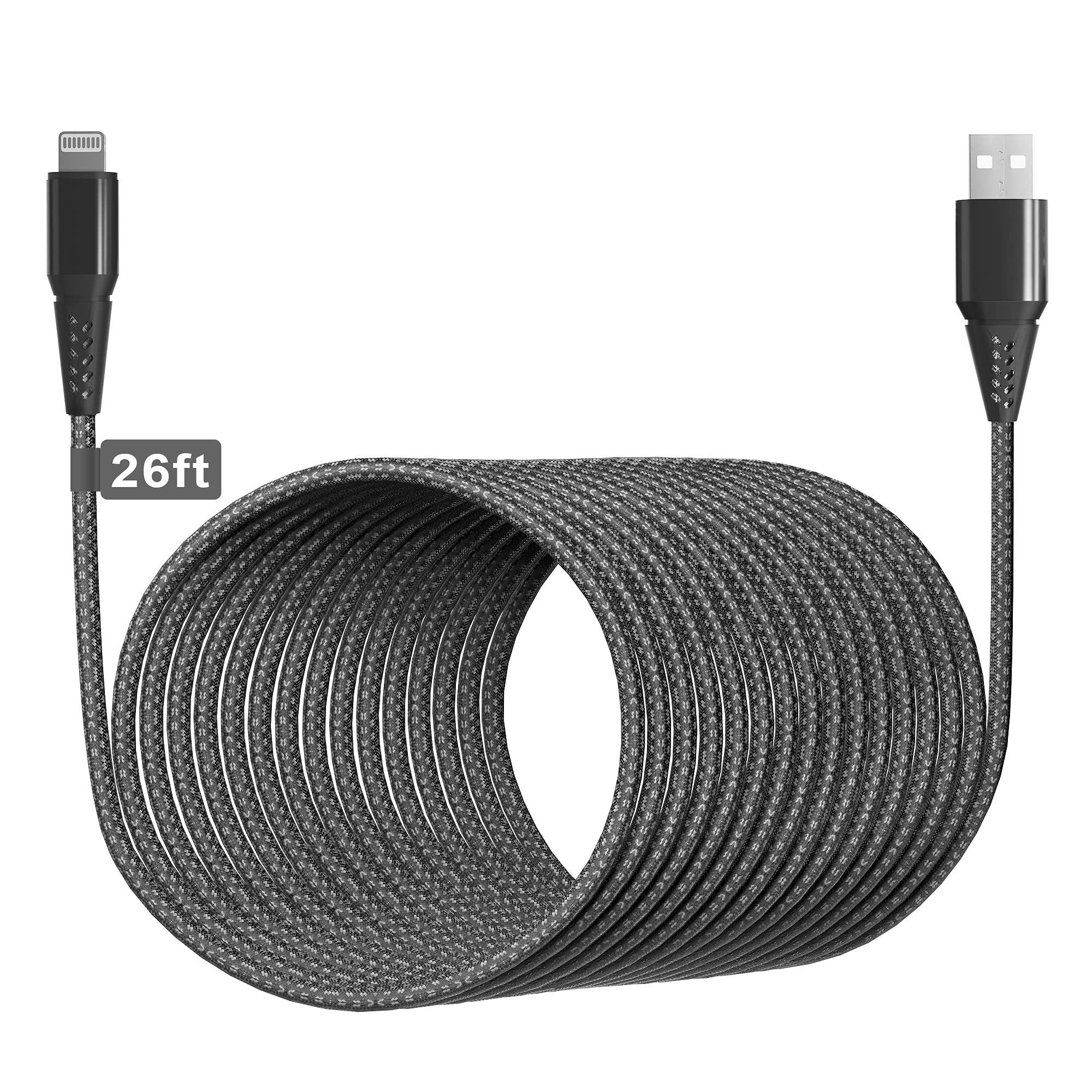 Long Iphone Charger Cord 26Ft/8M [Apple Mfi Certified] Extra Long Iphone Cable Fast Apple Charger Cable Nylon Braided 2.4A Usb L