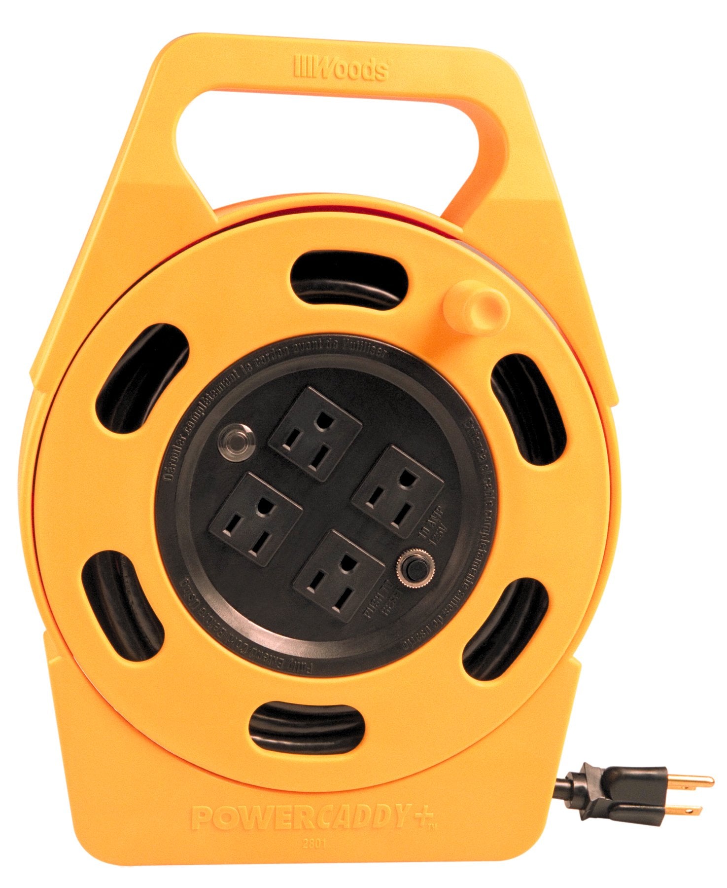 Woods 2801 Extension Reel With Four 3 Prong Power Outlets; Heavy Duty Retractable Cord; User Friendly; Made Of Flame Resistant Materials; 10 Amp Circuit Breaker; 25 Foot; Yellow; Orange