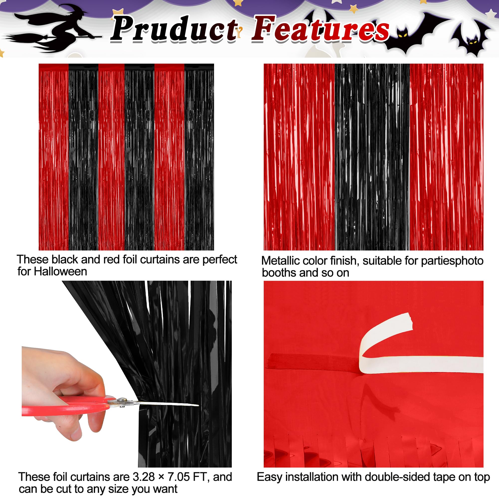 2 Pack Backdrop Curtains, 3.28 Ft X 7.05 Ft Black And Red Party Decor, Metallic Party Streamer Tinsel Foil Fringe Curtains, Foil