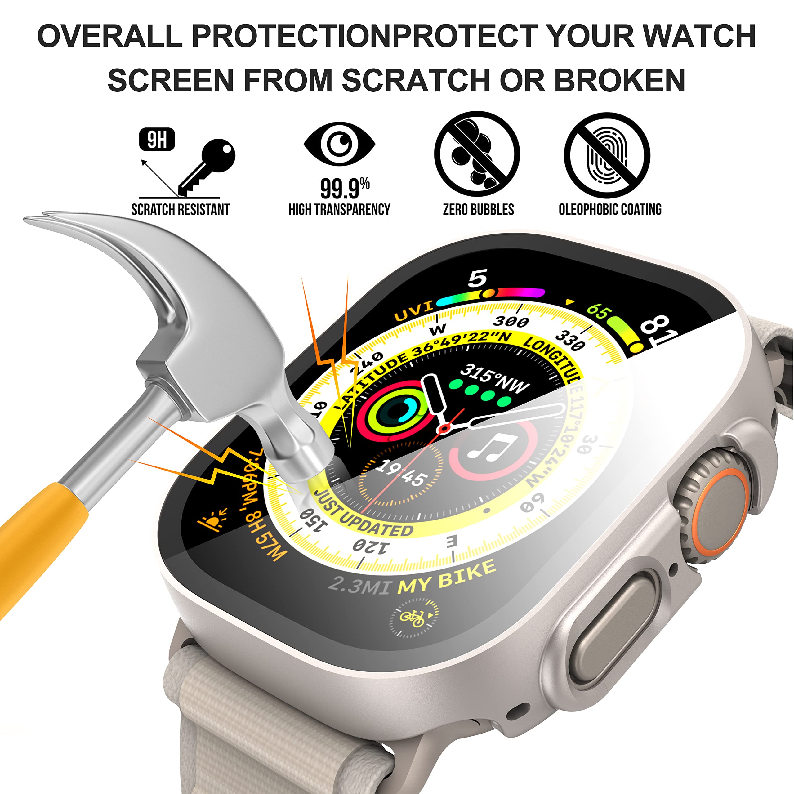 Diruite 2 Pack For Apple Watch Ultra/Ultra 2 49Mm Pc All Around Screen Protector Case, Tempered Glass Screen Protector Case Ultr