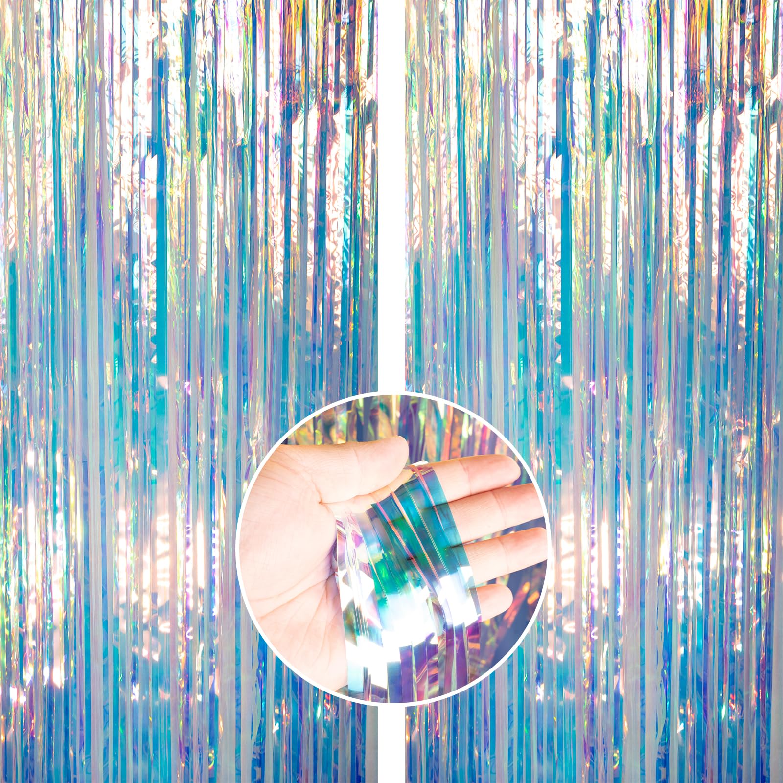 Partywoo Foil Curtain 2 Pcs, 3.3X6.6 Ft Iridescent Tinsel Curtains, Translucent Backdrop Curtain, Holographic Foil Fringe Curtai