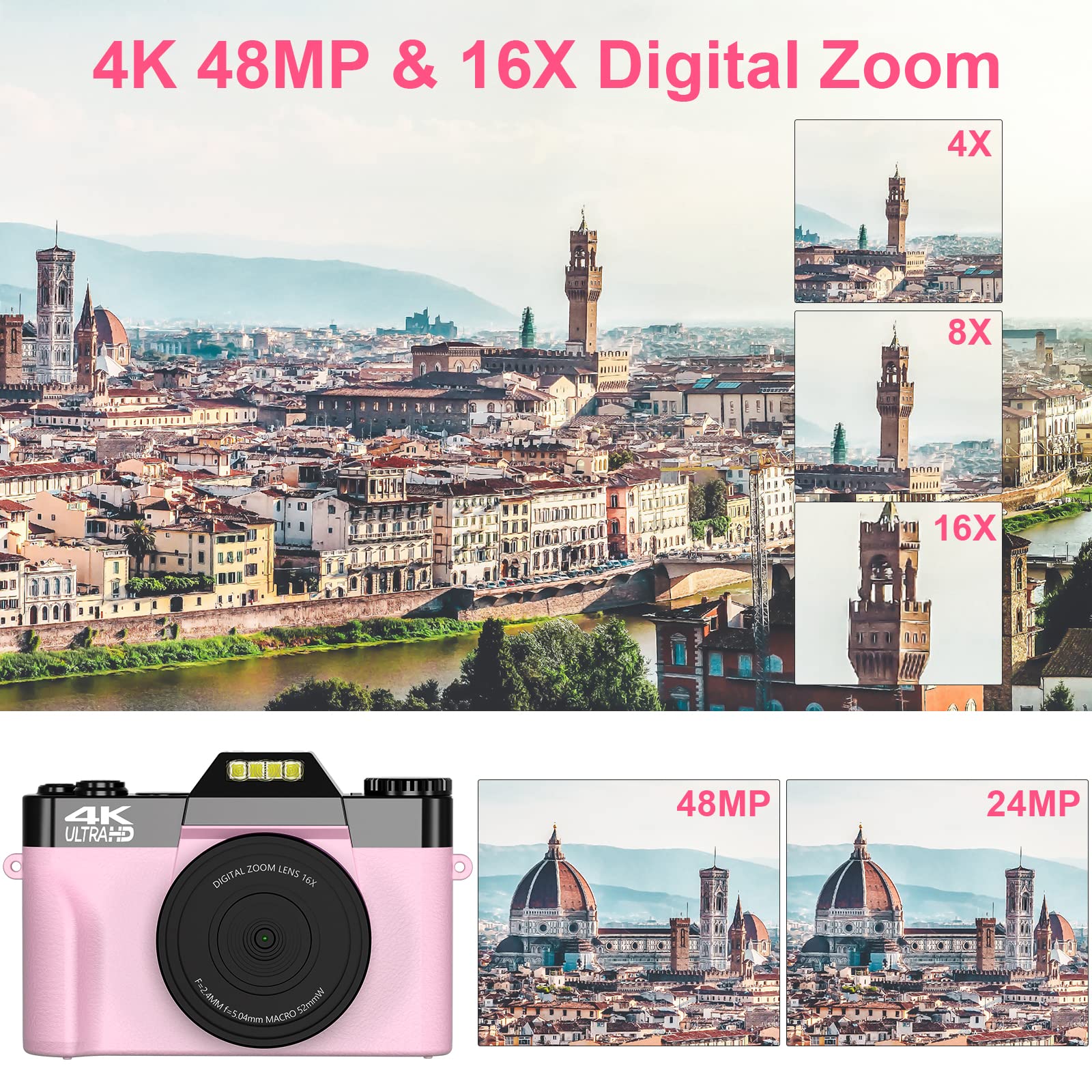 Vetek Digital Cameras For Photography, 4K 48Mp Vlogging Camera 16X Digital Zoom Manual Focus Students Compact Camera With 52Mm Wide Angle Lens & Macro Lens, 32G Micro Card And 2 Batteries (Pink)