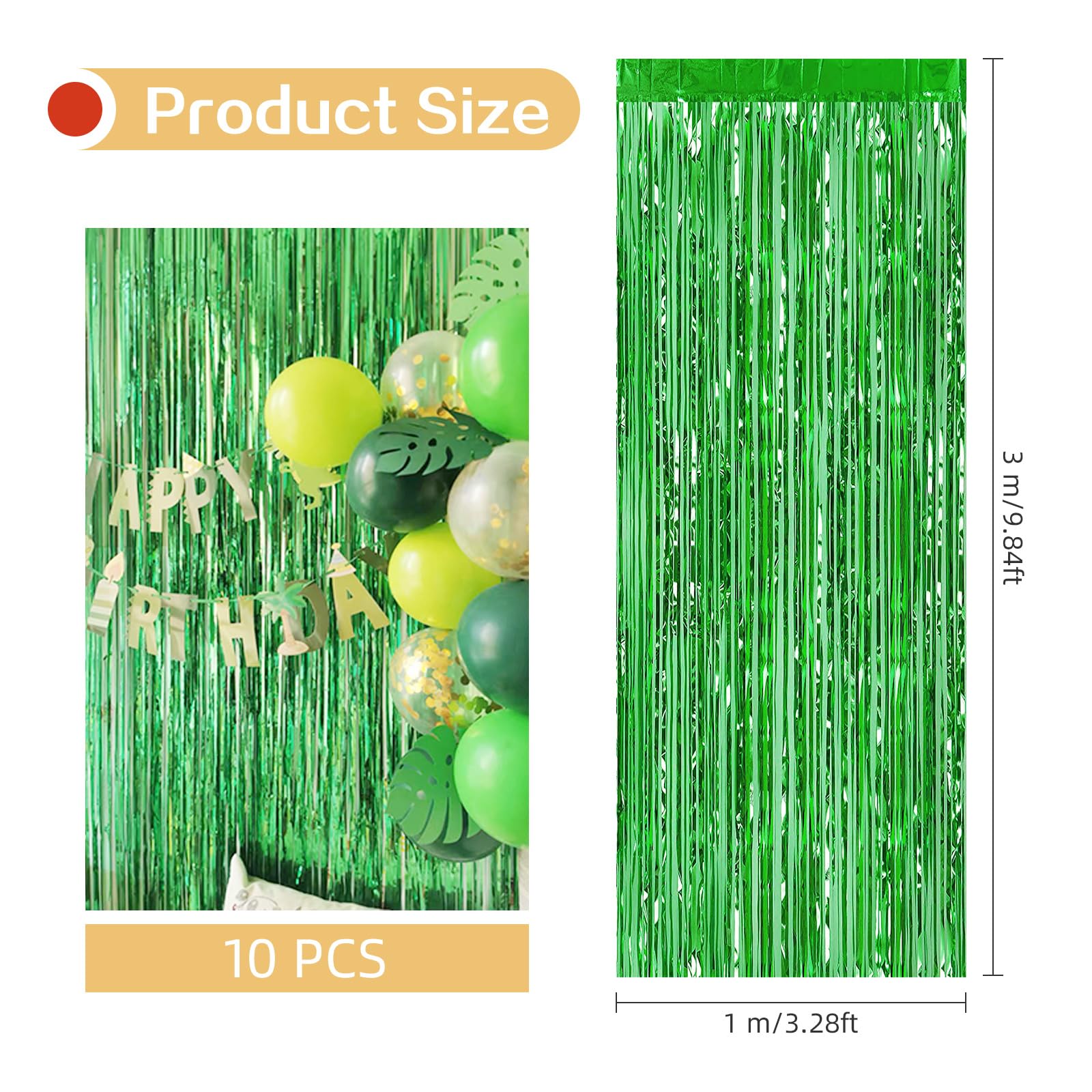 10 Pack Green Foil Curtain Backdrop 3.2Ft X 9.8Ft Green Metallic Tinsel Foil Fringe Curtains Streamer Photo Booth Backdrop For B