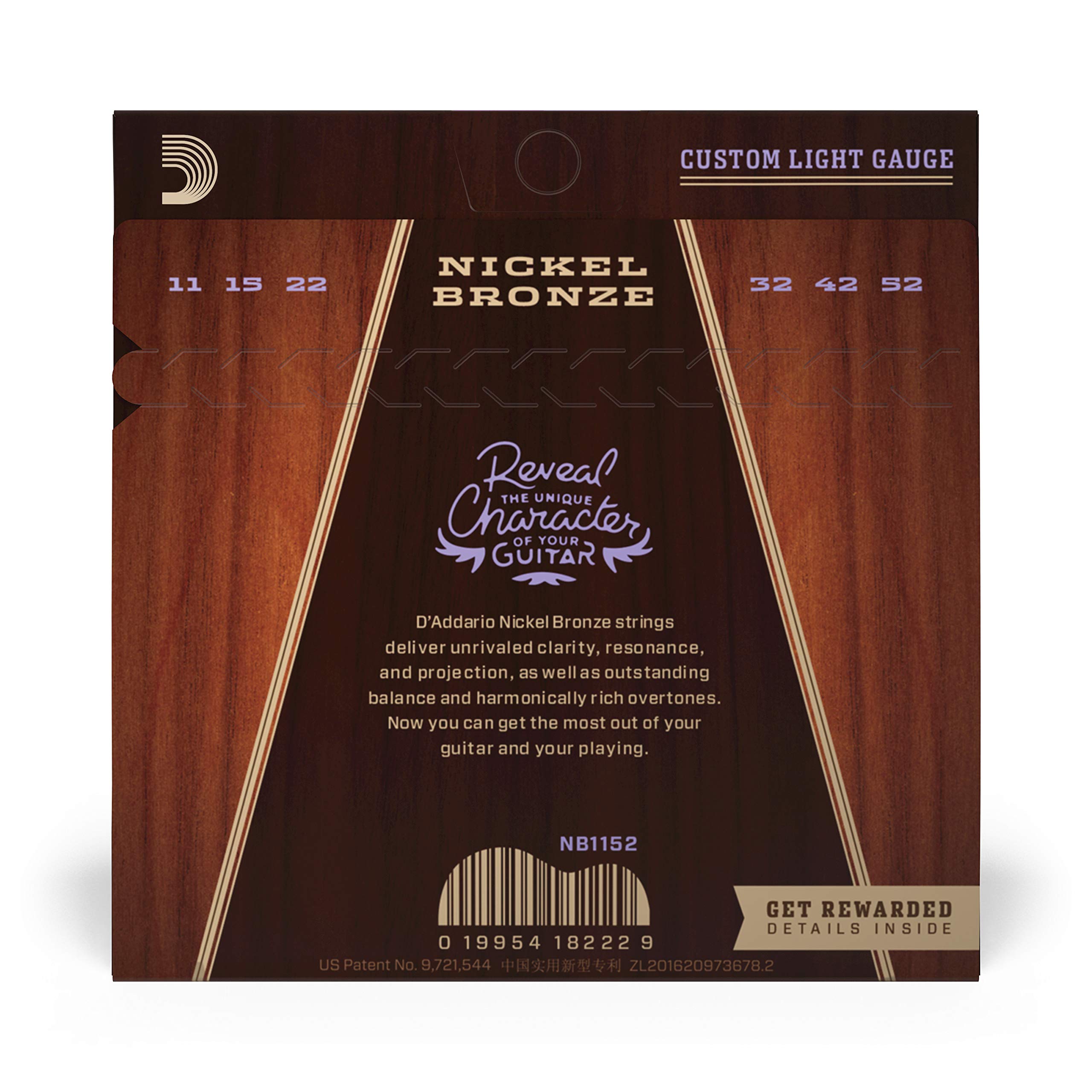 D'Addario Acoustic Guitar Strings, Nickel Bronze, Nb1152, Custom Light Gauge 11 52, 6 String Set, Pack Of 1