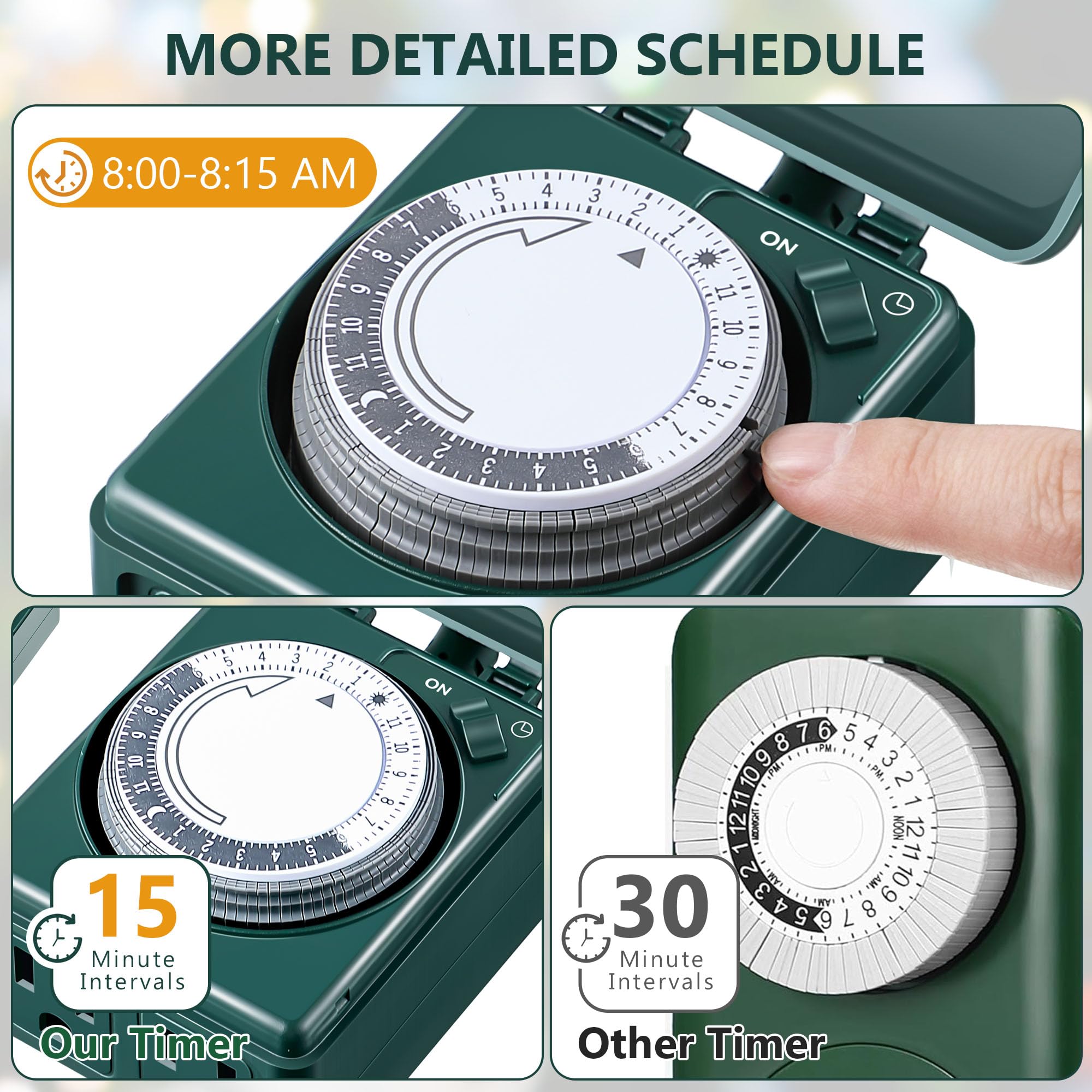 Dreyoo 24-Hour Heavy-Duty Mechanical Timer For Christmas - 2 Grounded Outlets For Xmas Decor, Waterproof, Green (2 Pcs) With 15-