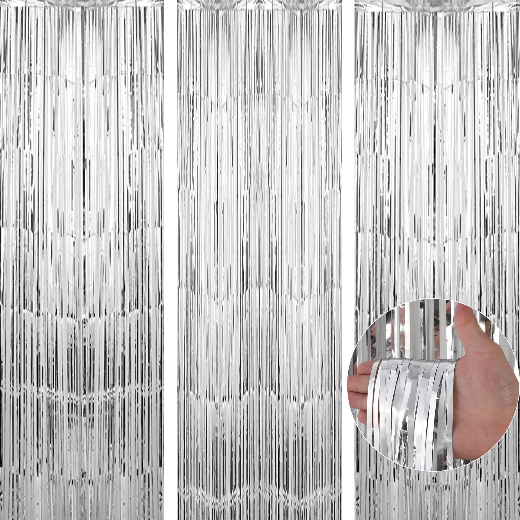 Tenlaitech 3 Pack 3.3 X 9.9 Ft Silver Foil Fringe Backdrop Curtain, Streamer Backdrop Curtains, Streamers Birthday Party Decorat