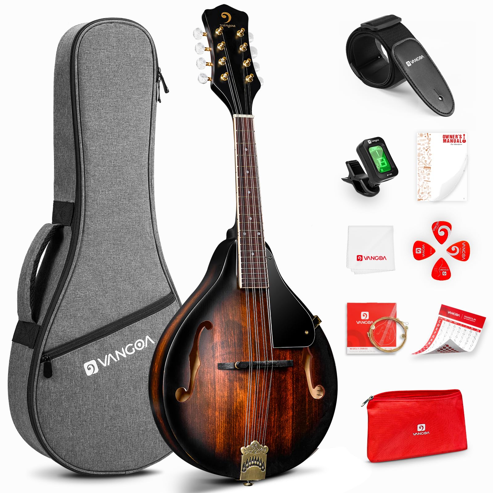 Vangoa Mandolin Instrument A Style, Acoustic Mandolin Musical Instrument Solid Spruce Top 8 String Mandolin For Beginners, Adult
