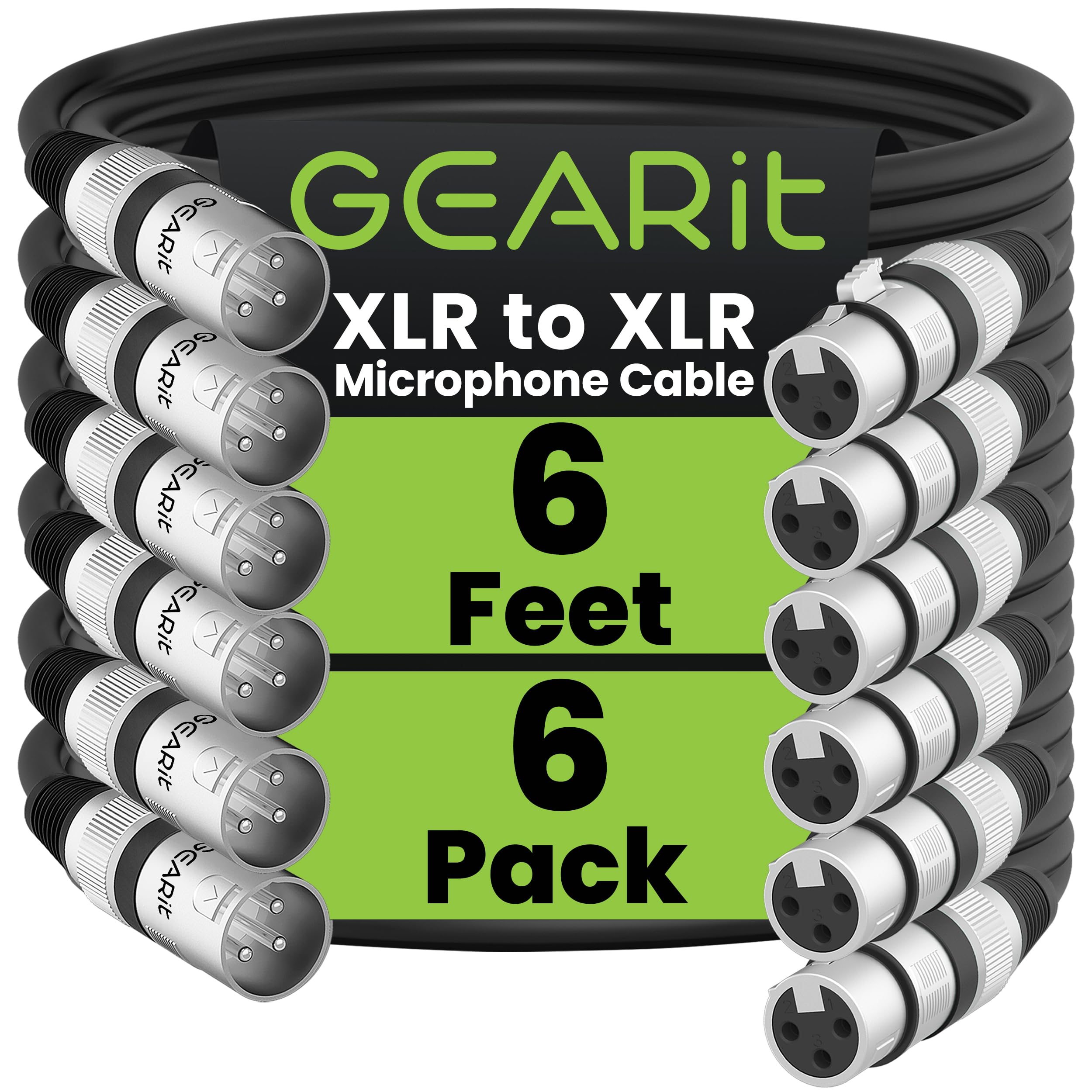 GEARit XLR Male to Female Microphone Cable (6 Feet, 6-Pack) 3-Pin Balanced Shielded Mixer, Recording Studio, Podcast - Black