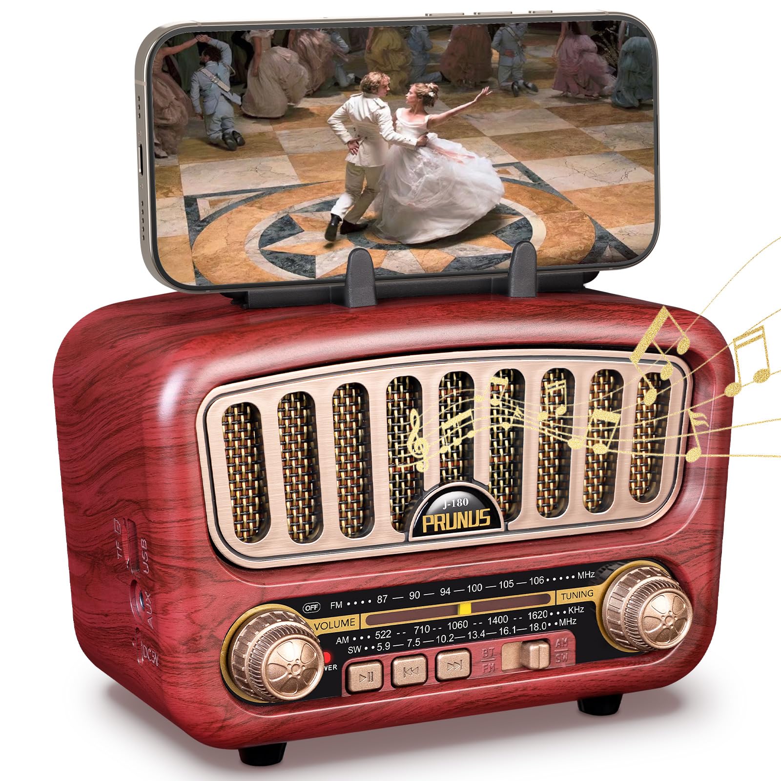 Prunus J 180 Vintage Retro Radio Bluetooth Speaker With Stereo Sound, Am Fm Radio Portable With Loud Volume, Bt5.0, Tf Card & Mp3 Player, Rechargeable Speaker