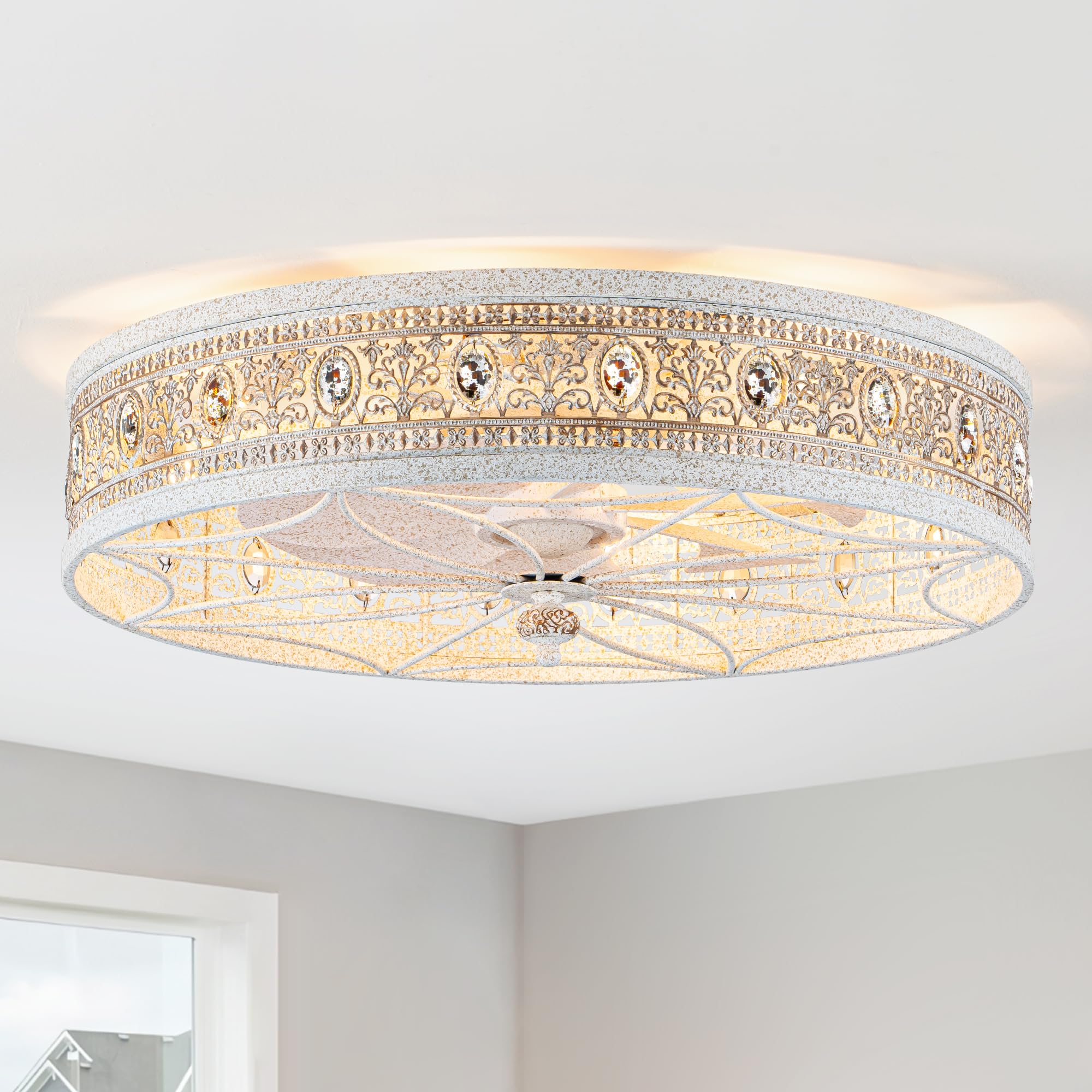 Vivlite French Country Vintage Ceiling Light Fixture with Fan and Remote, Flush Mount Crystal fandelier for Girls Room or Nurser