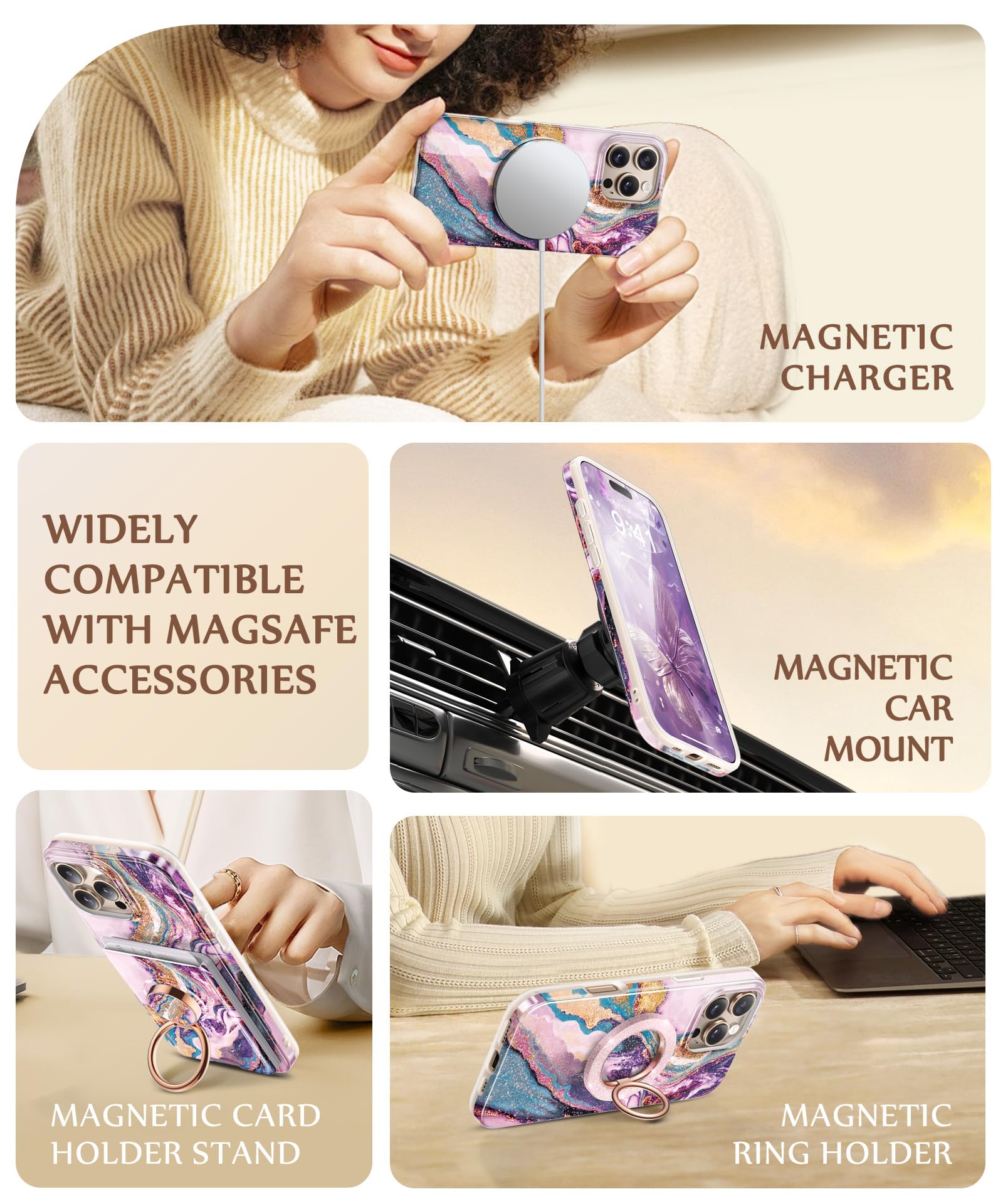 Gviewin For Iphone 16 Pro Max Case Compatible With Magsafe, With Screen & Lens Protectors, Military Grade Protection Slim Marble