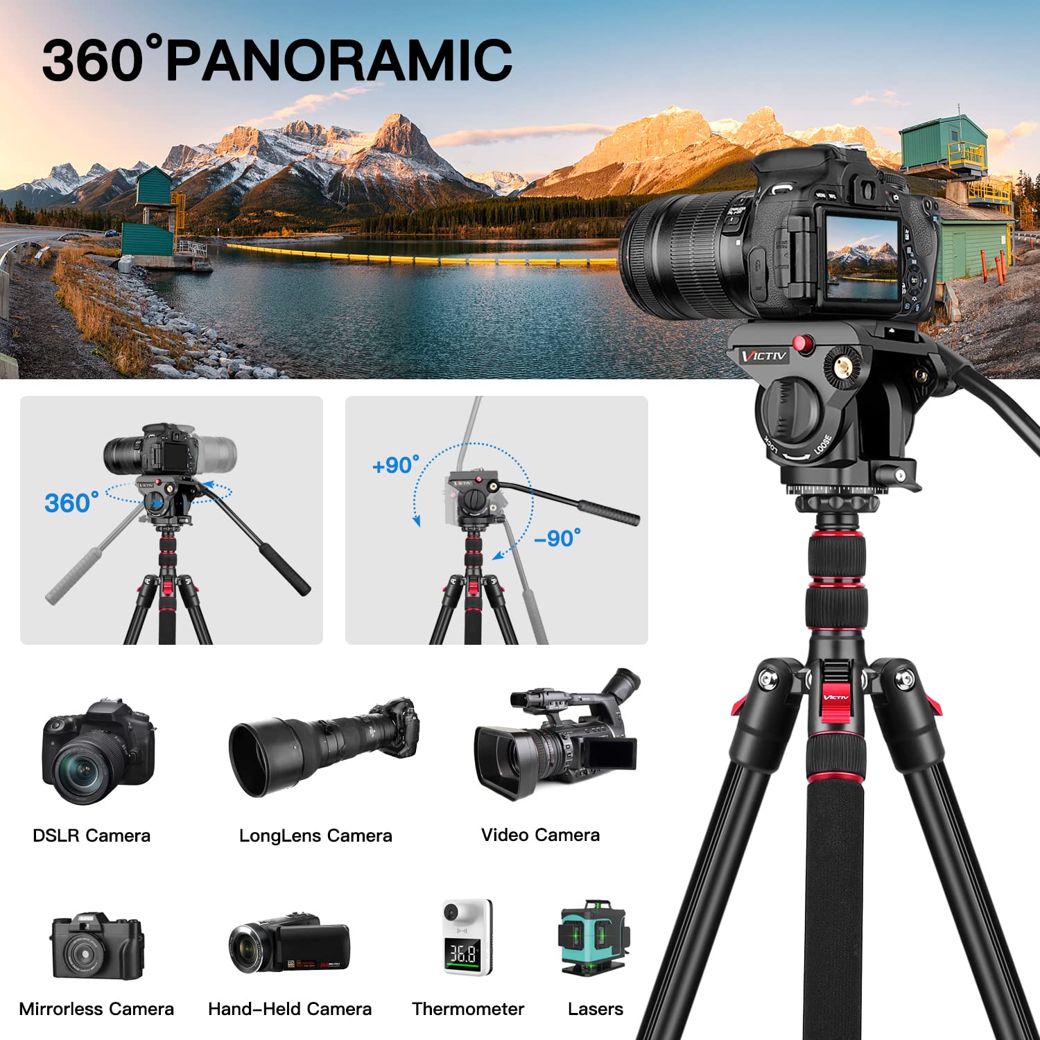 Tripod Camera Tripod, 72' Video Tripod With Fluid Head, Aluminum Heavy Duty Tripod With Carry Bag, Professional Camera Tripods & Monopods, Compatible With Video Camera, Dslr, Camcorder