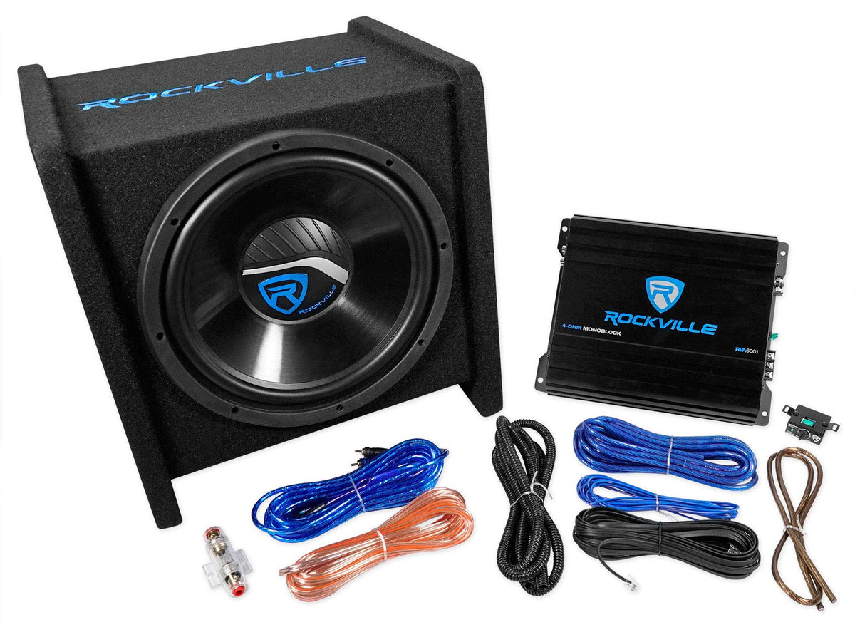 Rockville RV12.1C 600w 12' Loaded Car Subwoofer Enclosure+Mono Amplifier+Amp Kit,Black