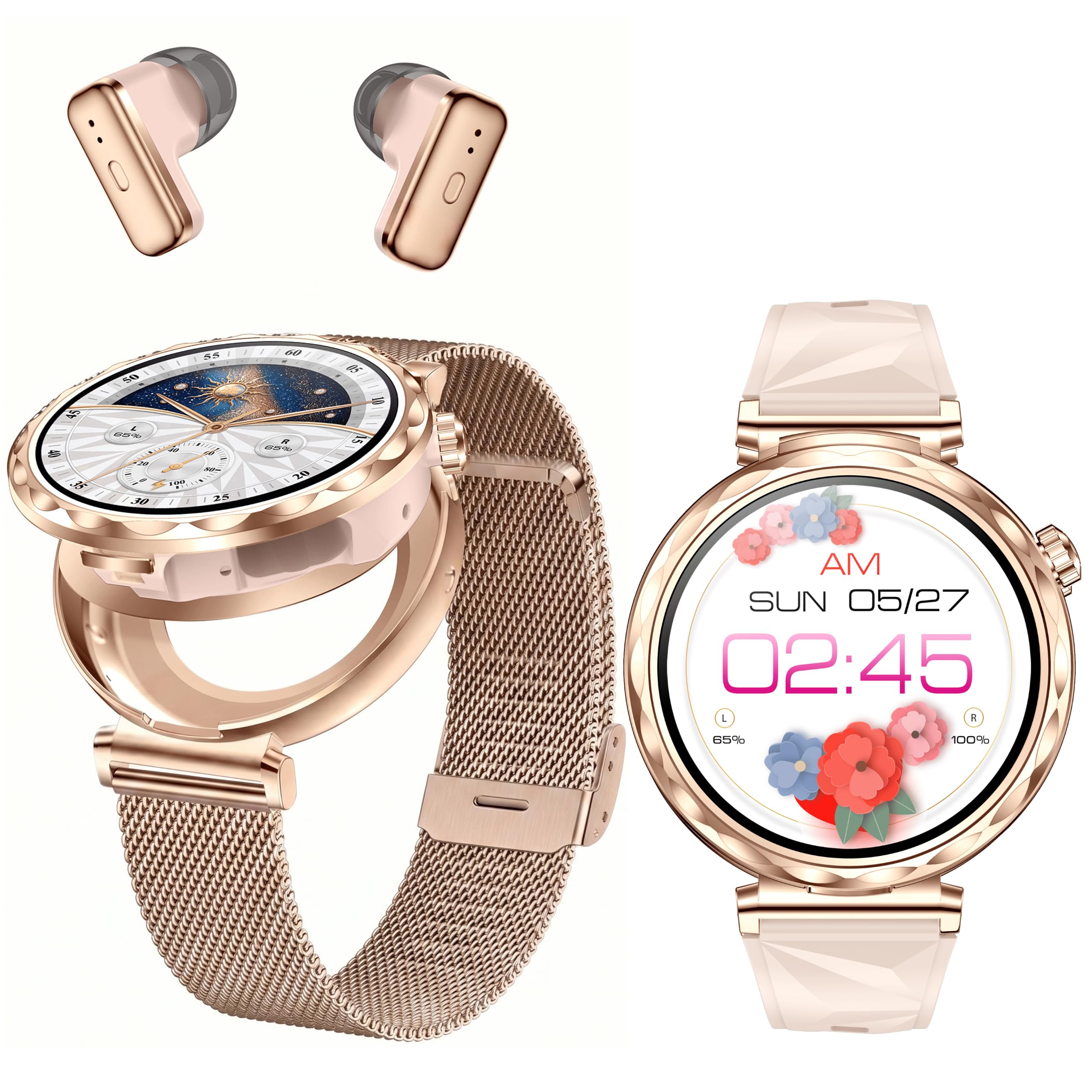 Ateclouds Smart Watch with Earbuds,1.43 AMOLED Screen,2 in 1 Smart Watches for Women,Waterproof Fitness Tracker Watch with Wire