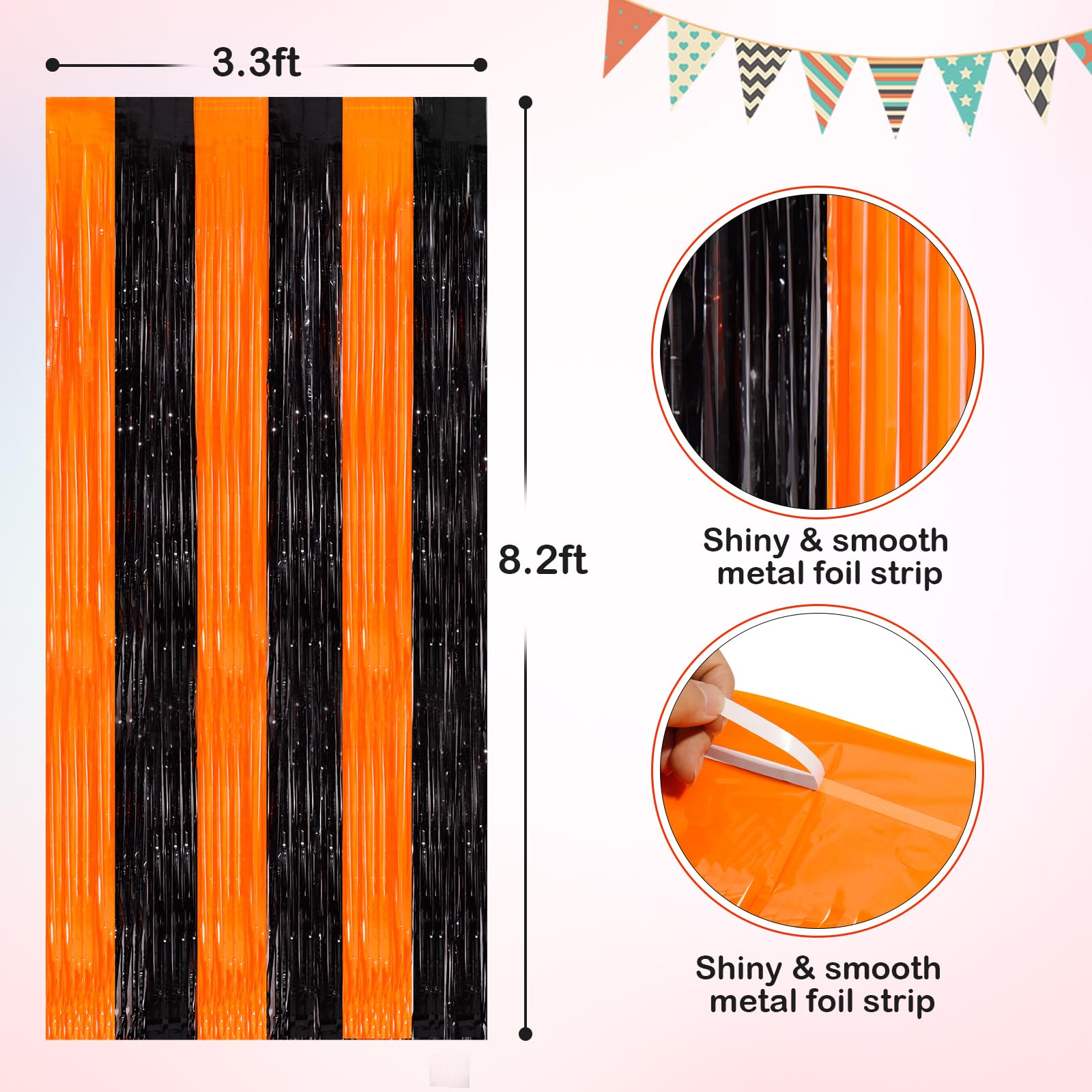 Orange Black Tinsel Foil Fringe Curtains, 2 Pack 3.3X8.3 Feet Party Streamer For Birthday Party Decorations, Halloween Decor, Fo