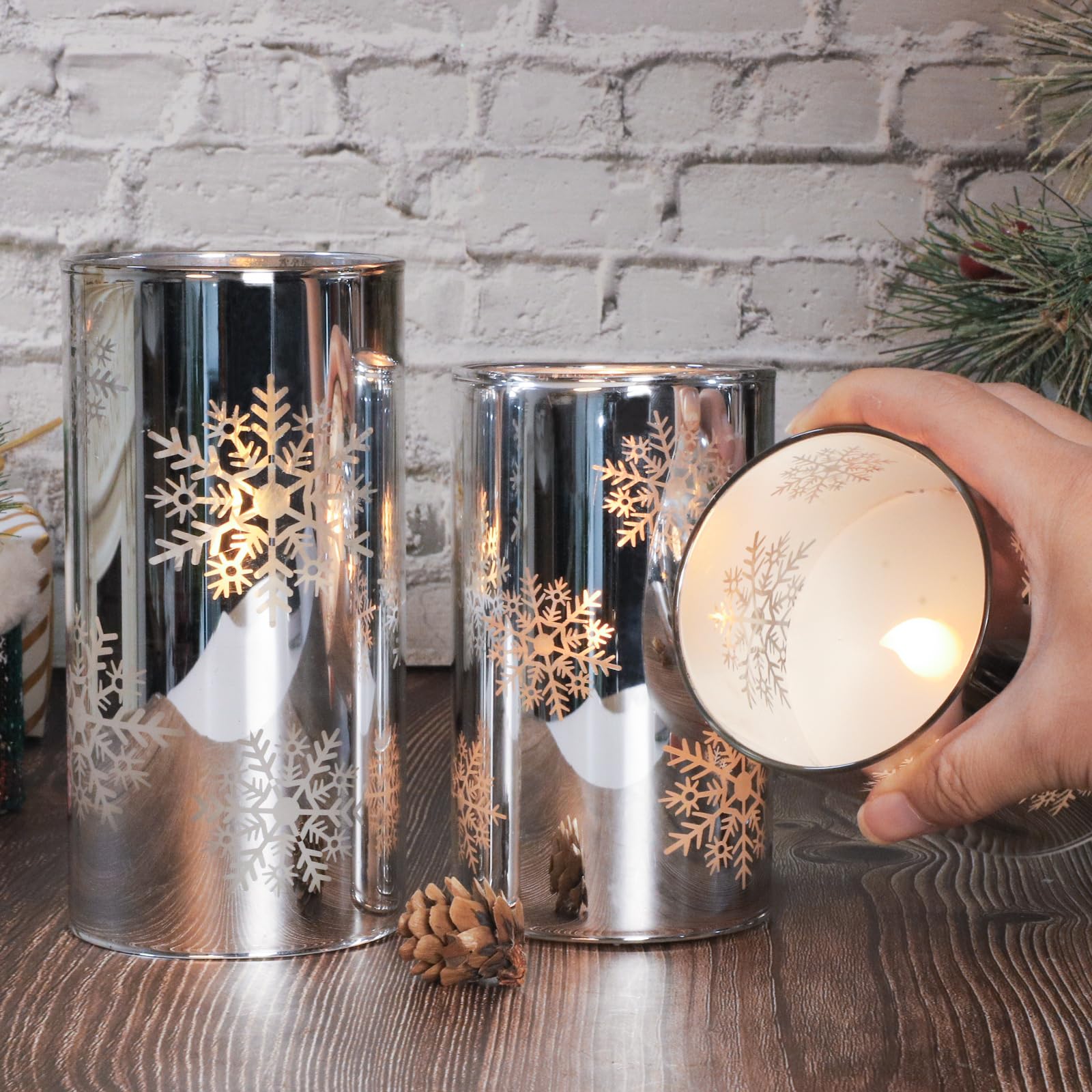 Crystal Club Christmas Flameless Candles With Remote, Set Of 3, Snowflake Plating Battery Operated Led Candles, Glass Effect Pil
