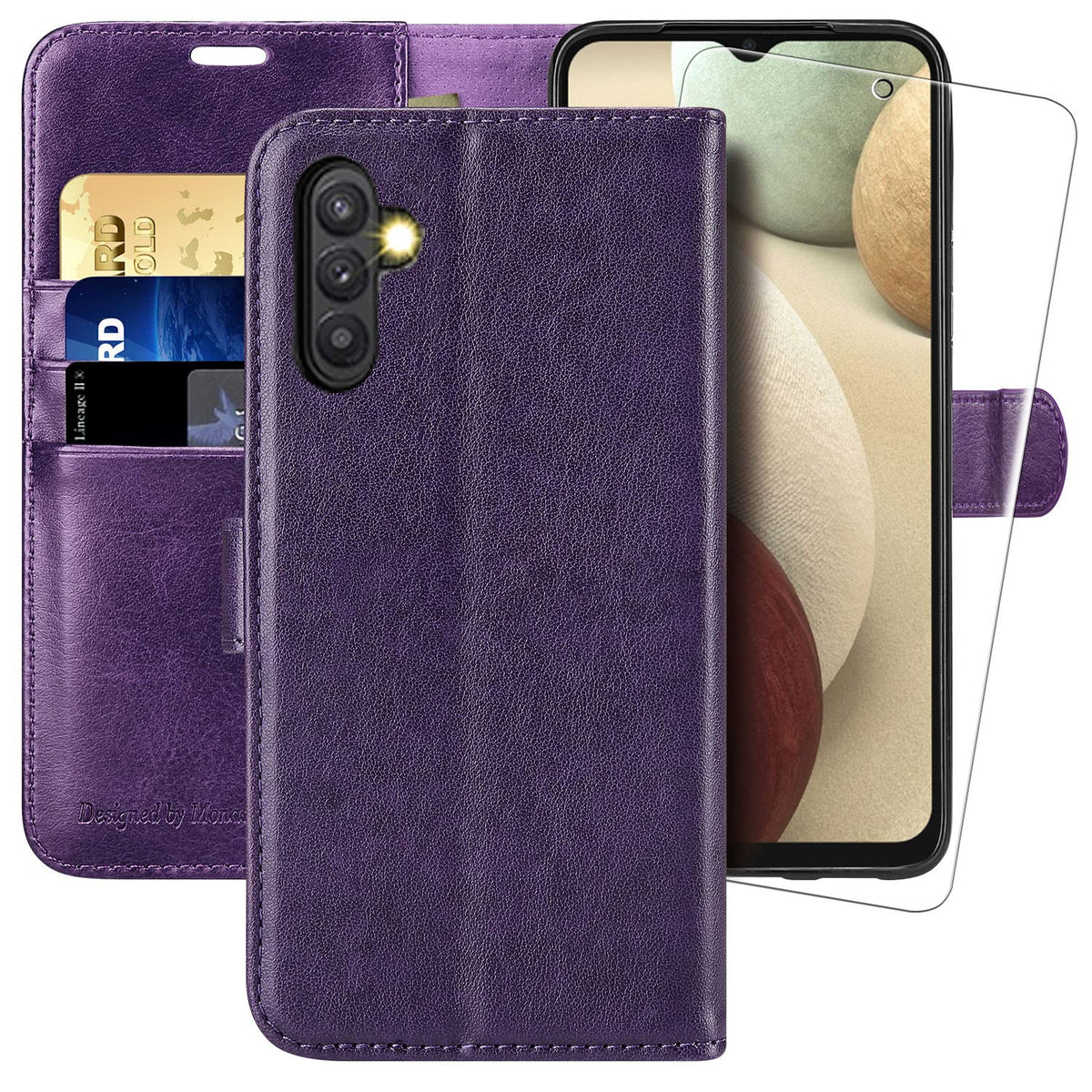 Monasay Galaxy A13 5G Wallet Case, [Included Glass Screen Protector][Rfid Blocking] Flip Folio Leather Cell Phone Cover With Cre