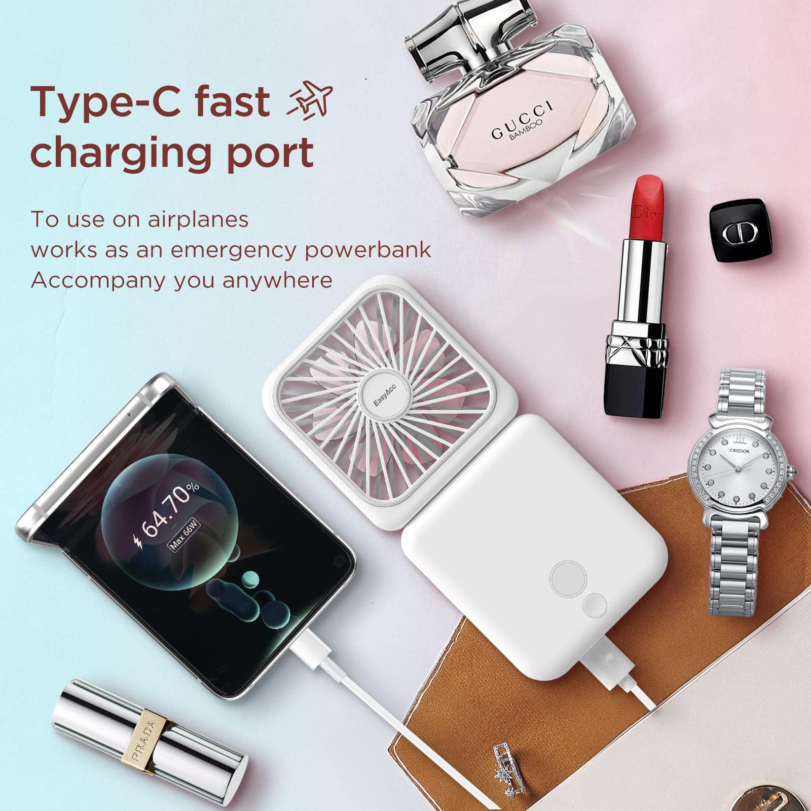 Easyacc Rechargeable Portable Hands Free Fan, Mini Makeup Fan [32H Max Cooling Time] 5000Mah/5 Speed/Mirror/Phone Stand/Backup P