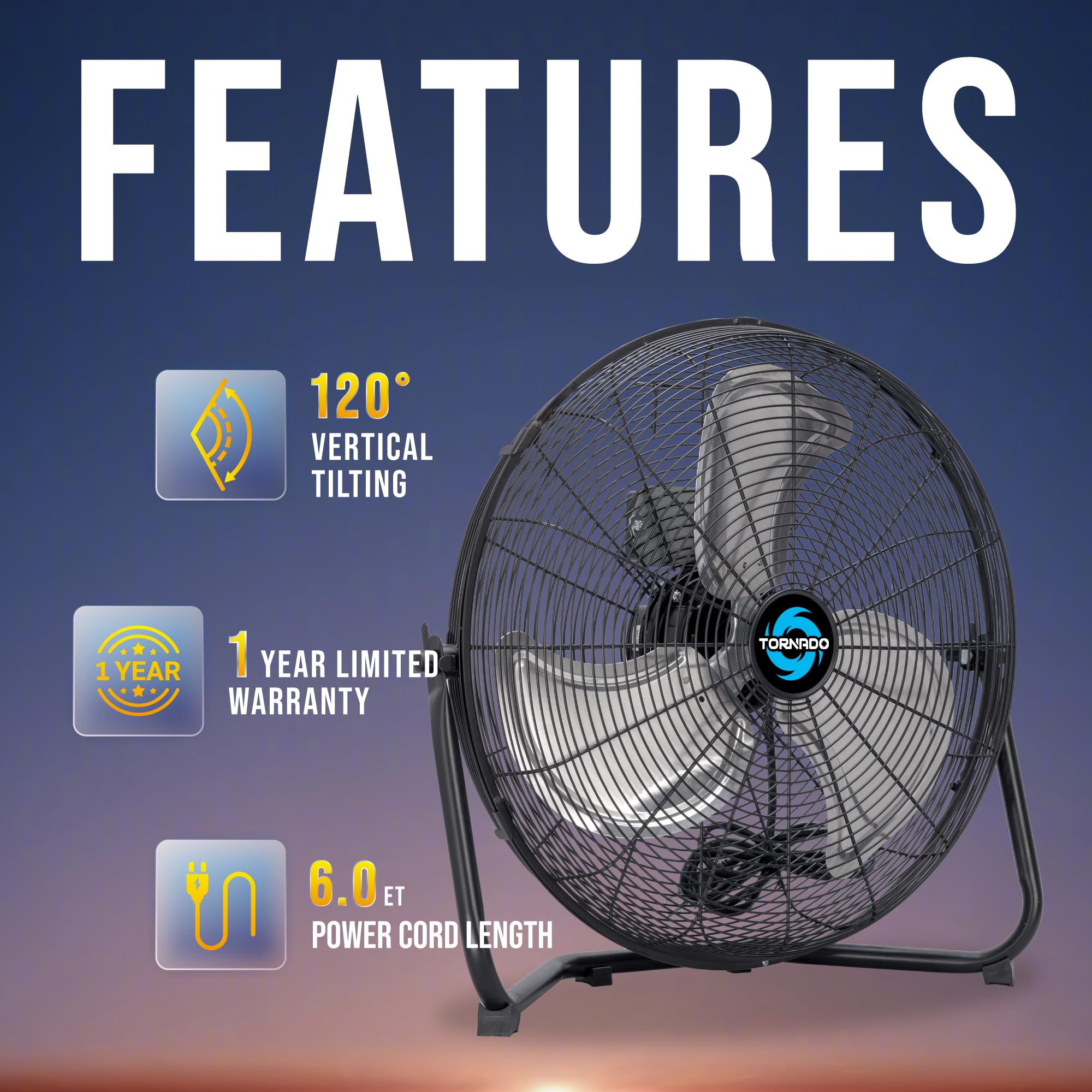 Tornado 18 Inch High Velocity Floor Fan, Heavy Duty Metal Industrial Fans, 3 Powerful Speed, 120 Adjustable Tilting 6.0 Ft Cord