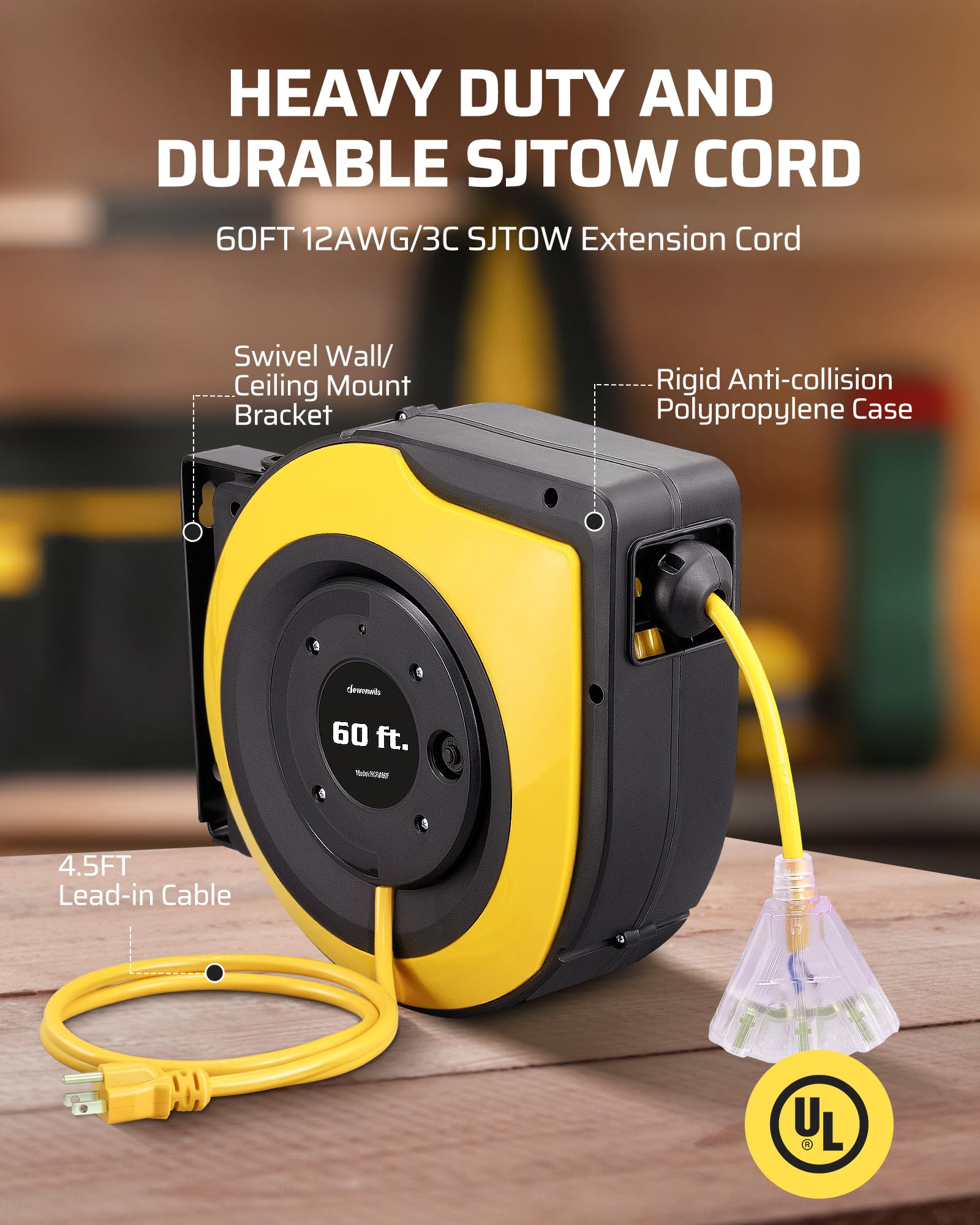 Dewenwils Retractable Cord Reel, 60Ft Heavy Duty Extension Cord, 12Awg/3C Sjtow, 3 Grounded Outlets Lighted Triple Tap, 15A Circ
