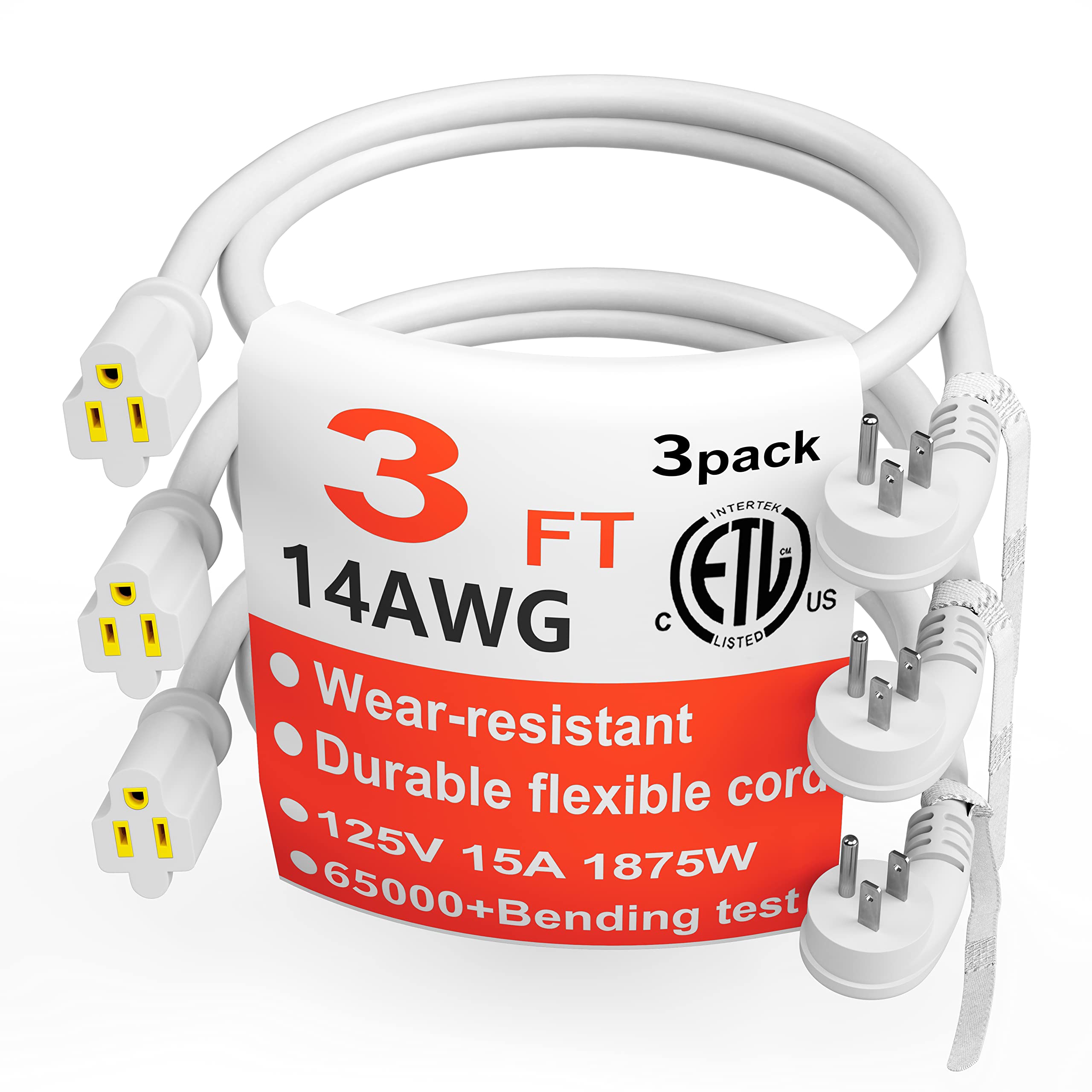 Huanchain 14 Gauge 3 Feet (3 Pack) Flat Plug Extension Cord White Indoor Outdoor, Heavy Duty 3 Prong Grounded Low Profile Extens