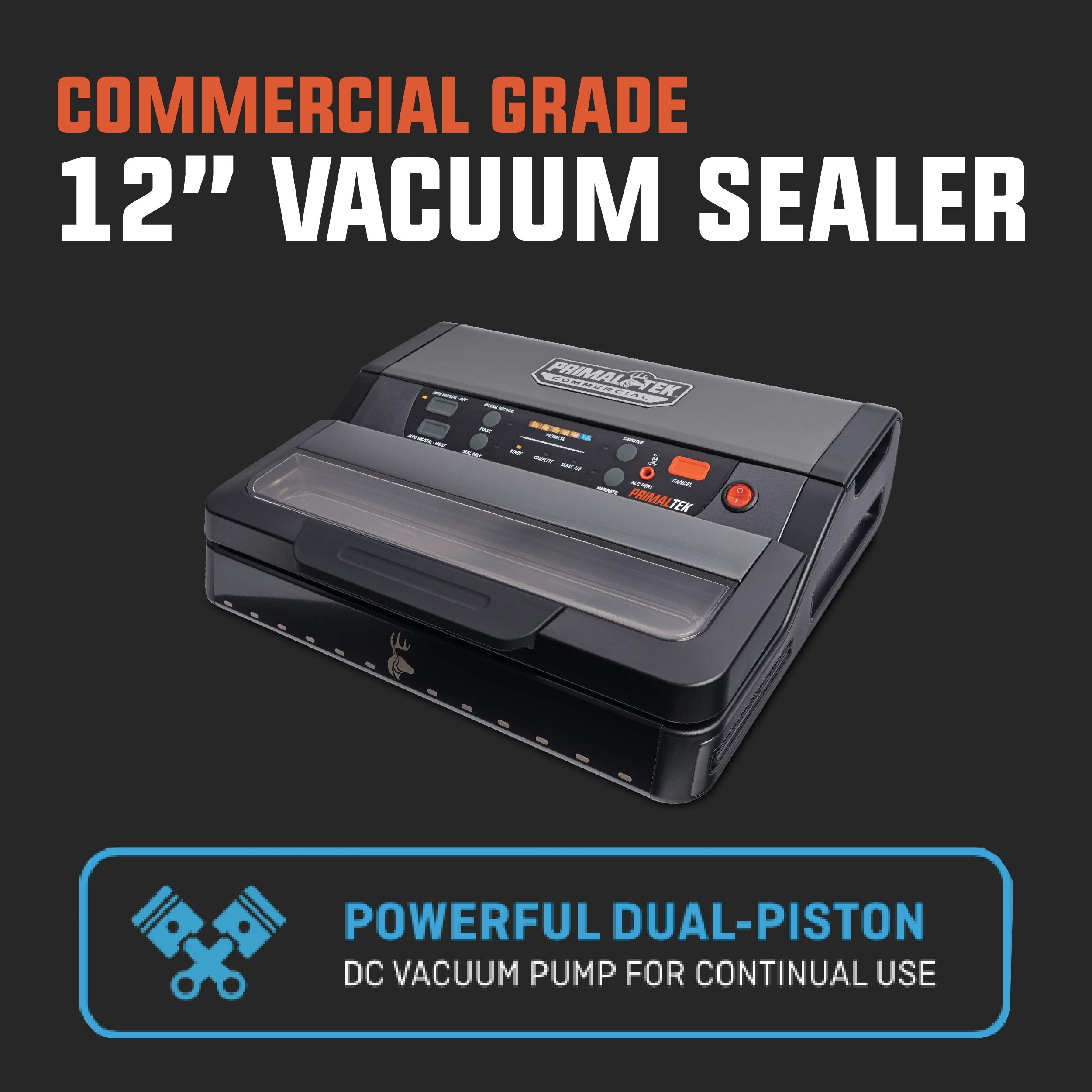 PrimalTek 12" Commercial Vacuum Sealer - Black, Plastic, 28" Vacuum Pressure, Auto Cooling, Smart Heat Technology