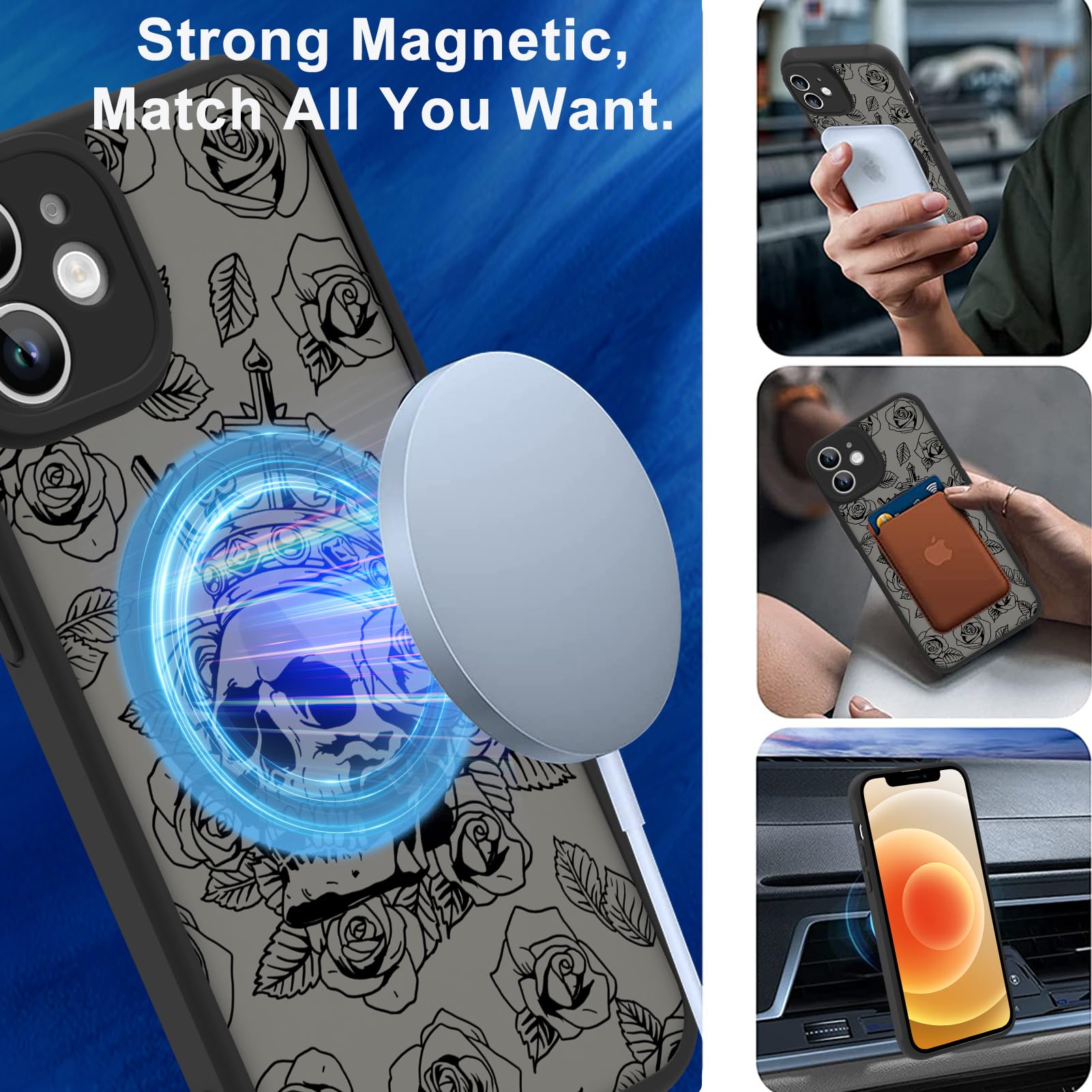 Ook Magnetic For Iphone 12 Case Black Flower Skull Pattern [Compatible With Magsafe] Slim Translucent Matte Camera Lens Protecti
