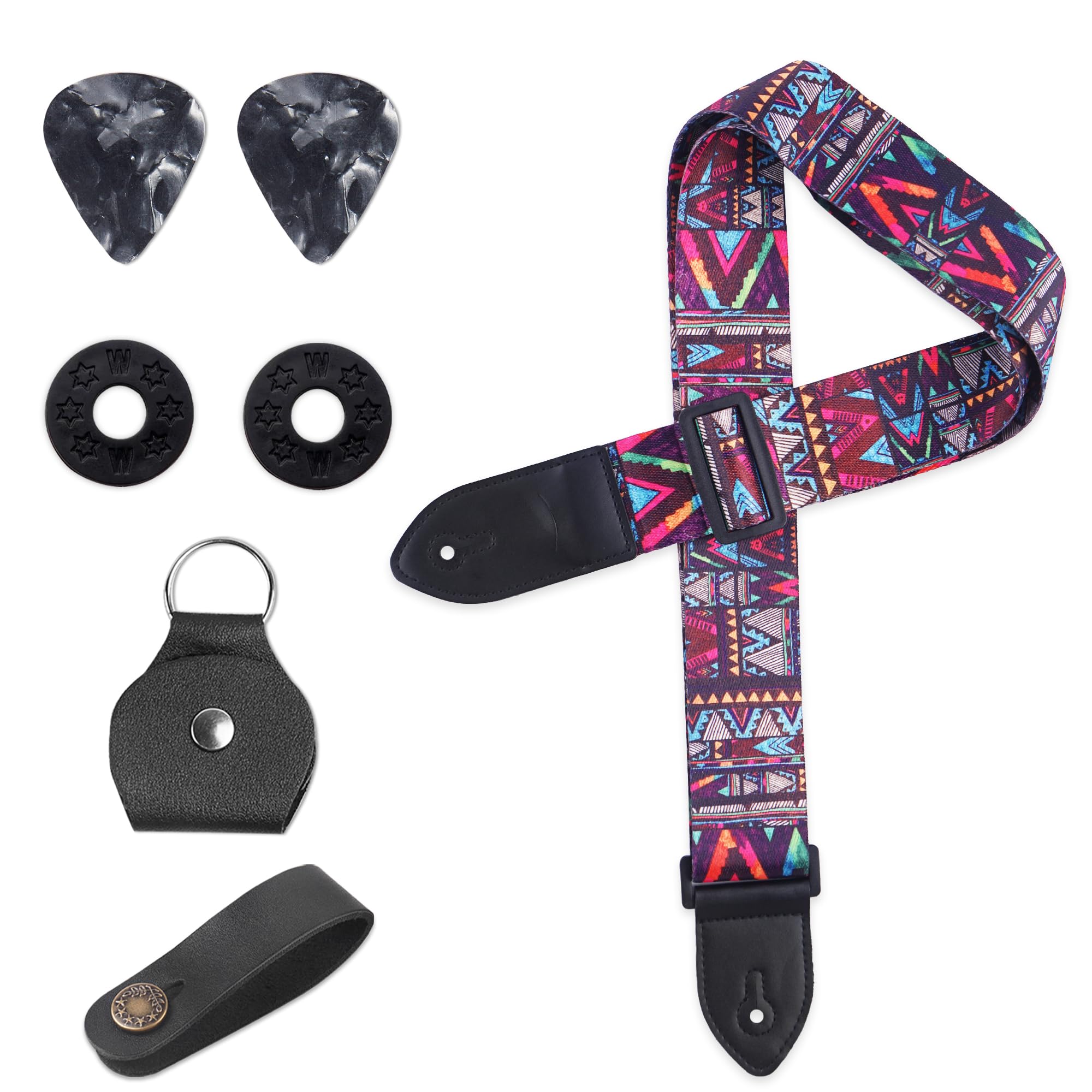 QIELIZI Adjustable Guitar Strap Includes 2 Strap Locks & 2 Matching Picks & 1 Picks Holder & 1 leather Strap Button.Leather ends