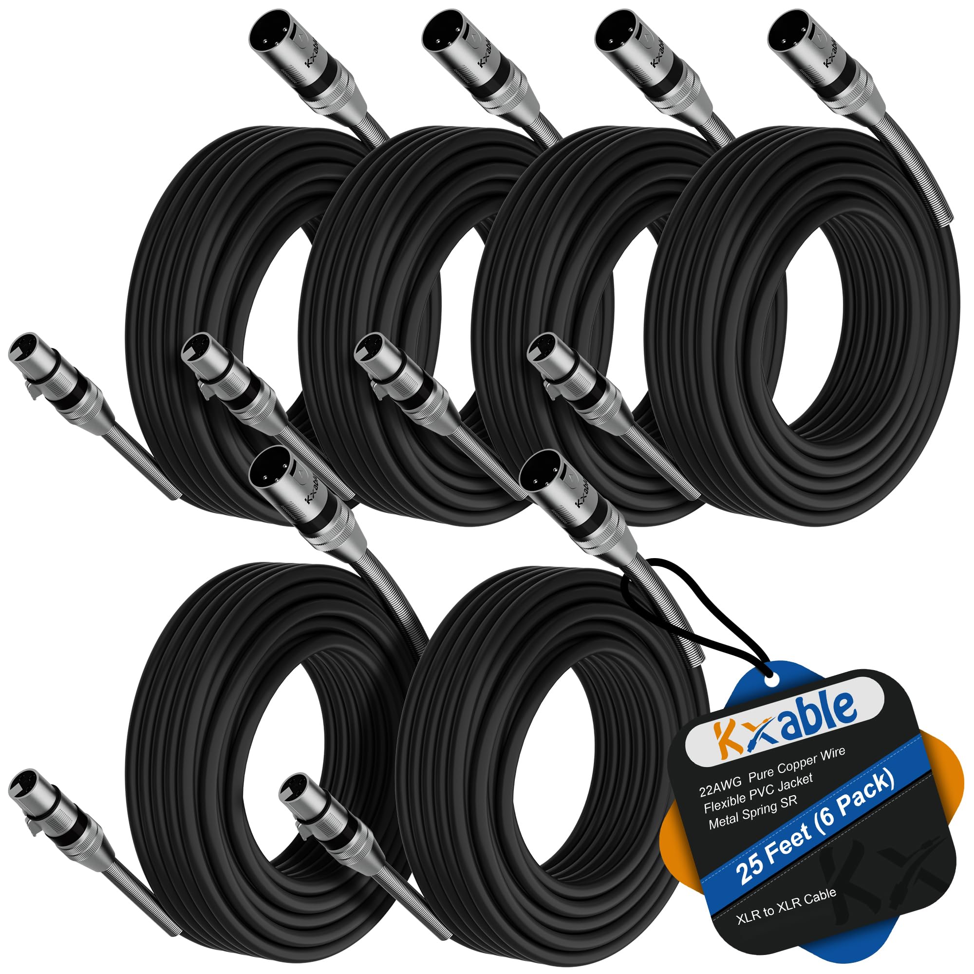 Xlr To Xlr Cable (25 Feet, 6 Pack) Multiple Premium Xlr Microphone Cables, Heavy Duty 22Awg Ofc Xlr Male To Female Cord, 3 Pin S