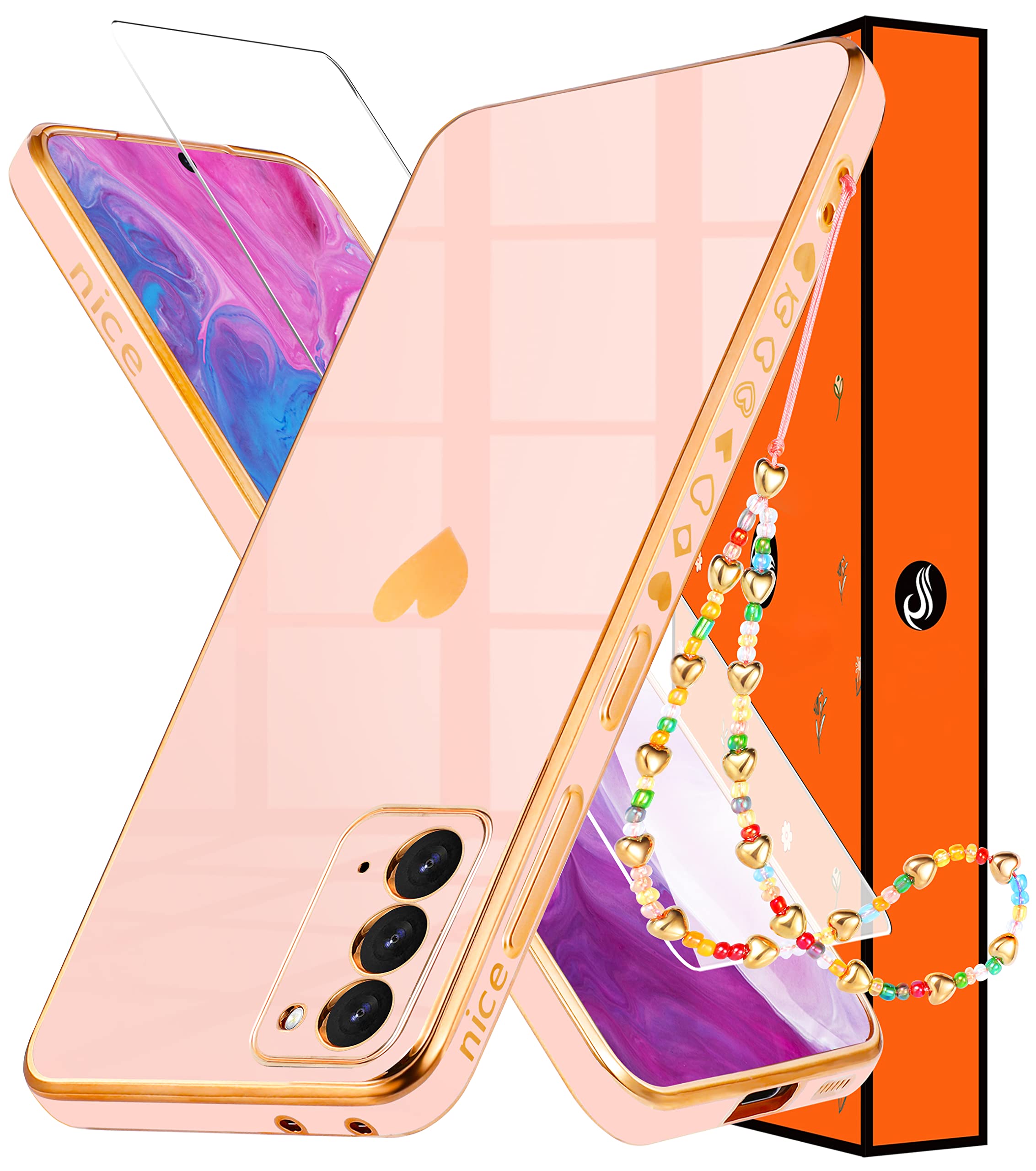 Shorogyt (3In1 Heart Case For Samsung Galaxy Note 20 5G/4G 6.7 Inch Women Cute Aesthetic Love Hearts Pattern Girls Gold Luxury G