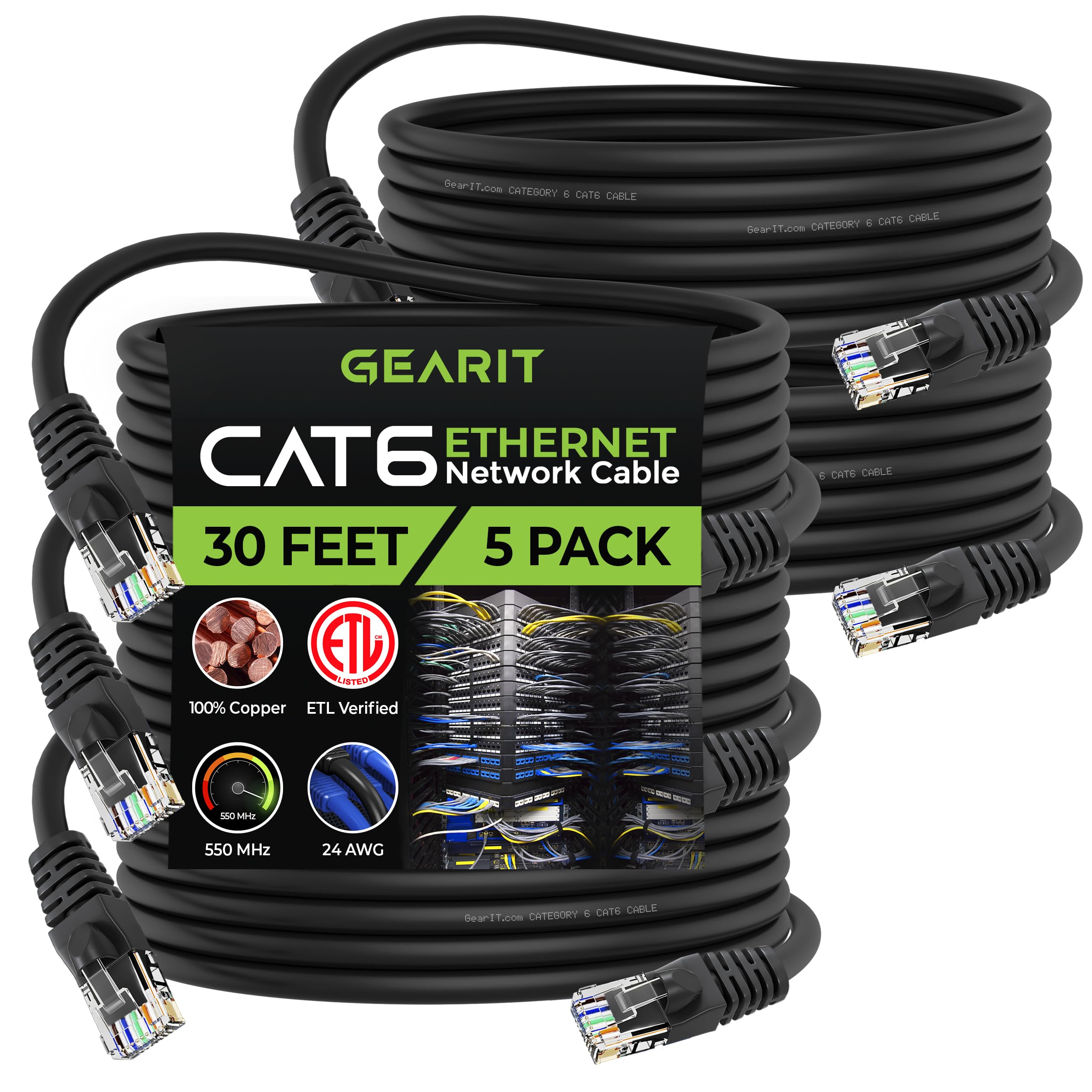 Gearit 5 Pack, Cat 6 Ethernet Cable Cat6 Snagless Patch 30 Feet   Computer Lan Network Cord, Black   Compatible With 5 Port Swit