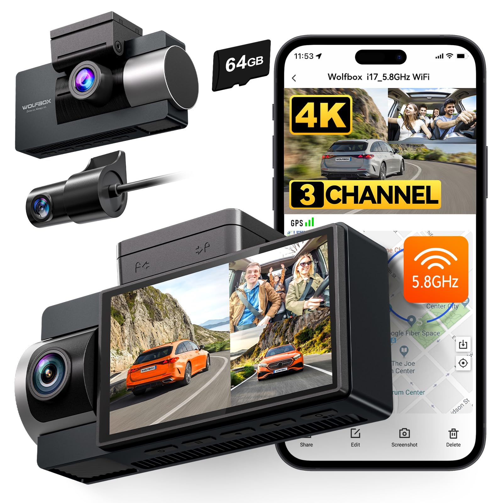 Wolfbox I17 4K 3 Channel Dash Cam, 5.8Ghz Wifi & Gps With 64Gb Card, 4K+1080P+1080P Dash Cam Front And Rear Inside, Triple Car C
