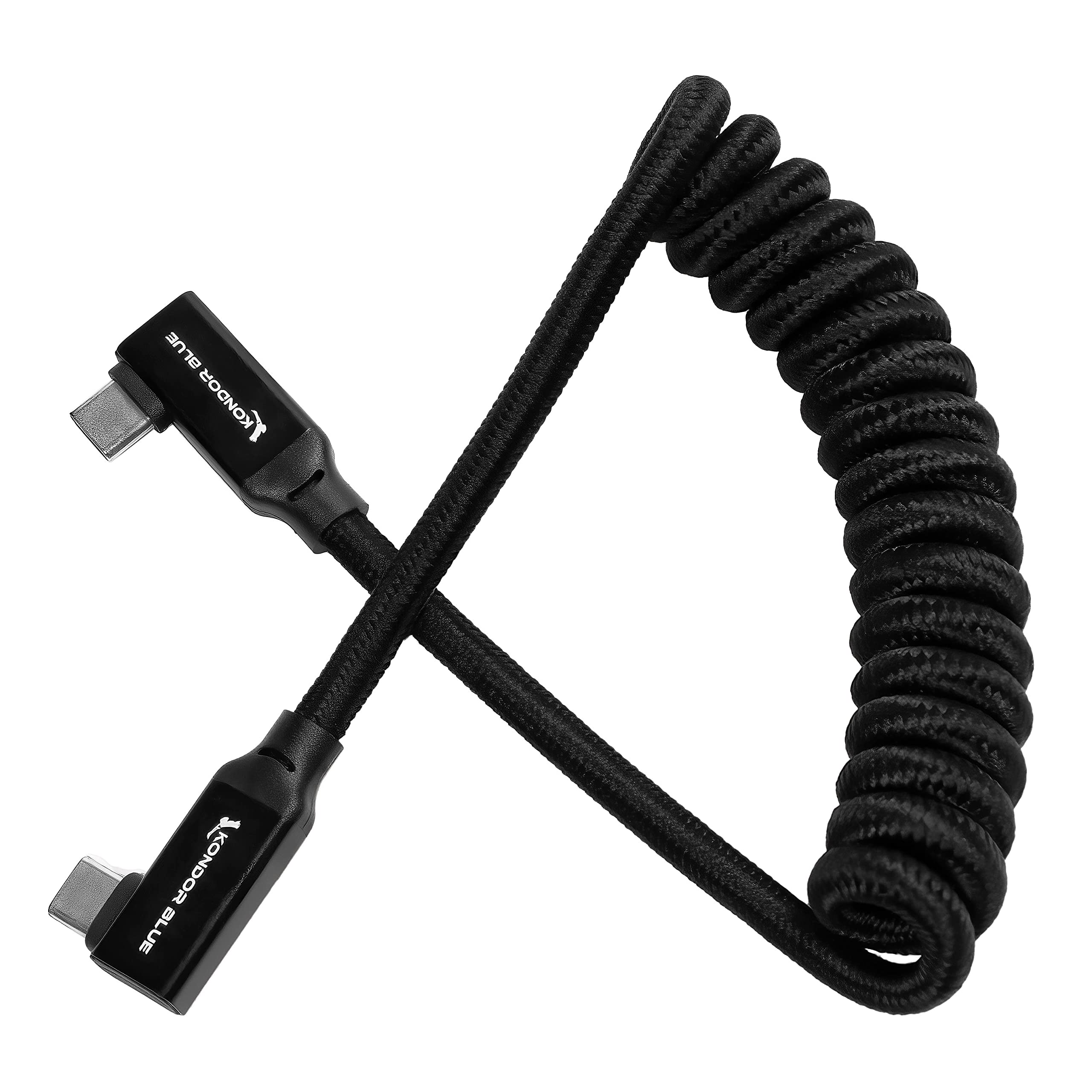 Kondor Blue 12 24'' Coiled Usb C 3.1 Gen 2 10 Gb/S 100W | Right Angle Braided Cable For 8K Data And Power Delivery