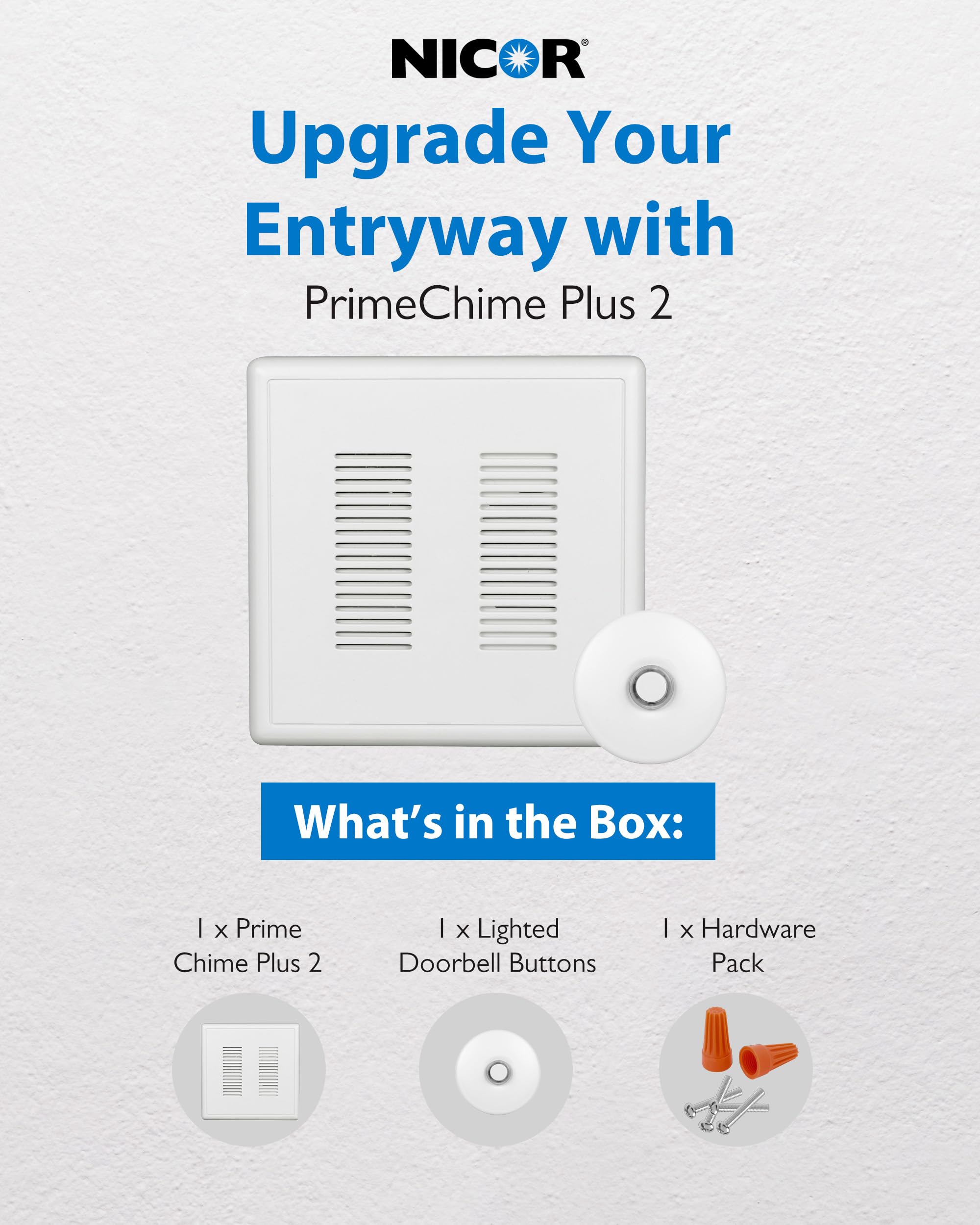 Primechime Plus 2 Electric Doorbell Kit   Doorbells For Home   Includes Selectable Ring Chimes   Stucco Button, White   Nicor Li