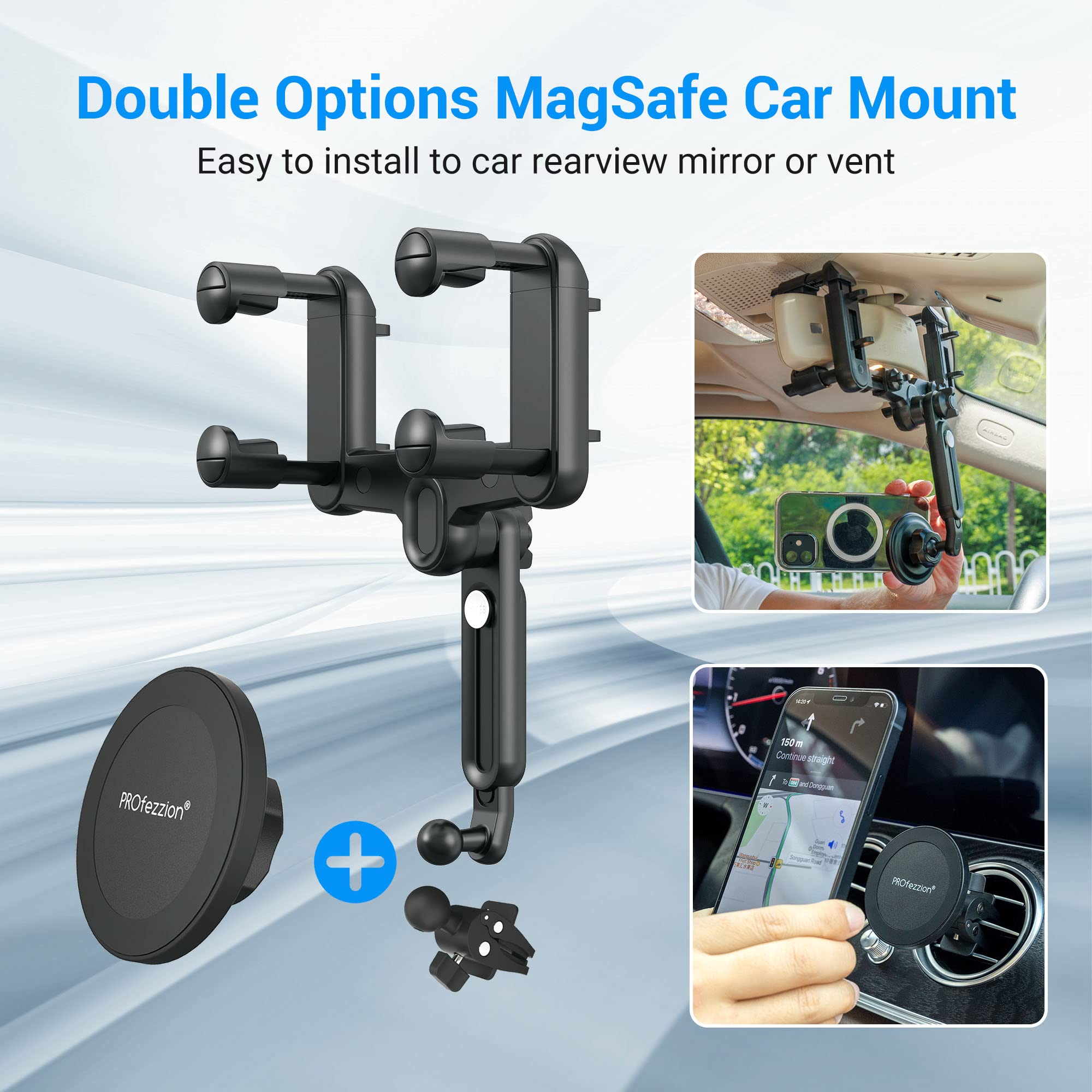 Profezzion Rearview Mirror & Vent Clip Combo Magnetic Phone Holder Compatible With Magsafe On Car Rear View Mirror For Iphone 16