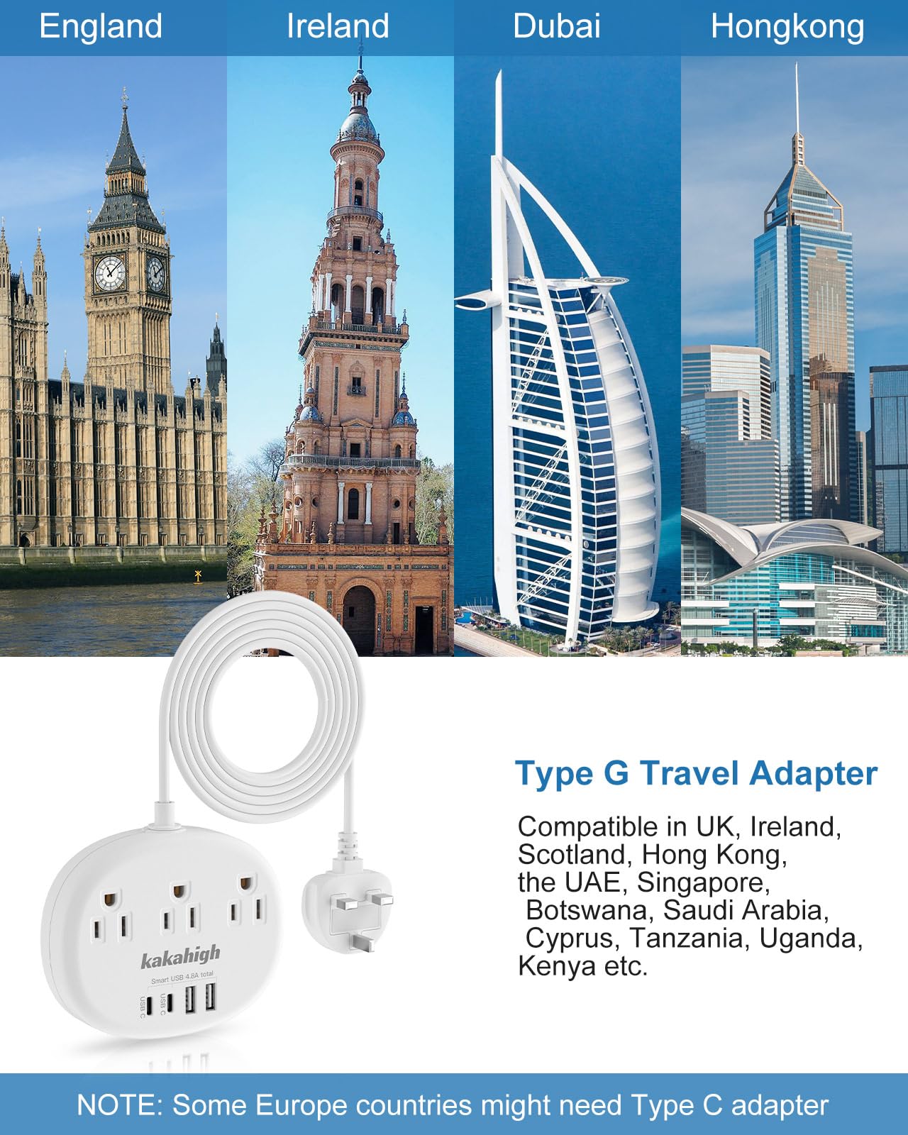Uk Adapters For Travel(13A), Us To Uk Plug Adapter With 3 Outlets 4 Usb Ports (2 Usb C) Total Output 24W, Type G Travel Adapter