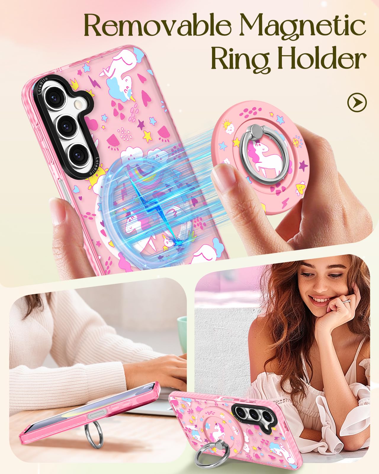 Lotadilo For Samsung Galaxy A15 5G Case For Women - Girls Cute Design Compatible With Magsafe Magnetic Ring Holder Stand Rainbow