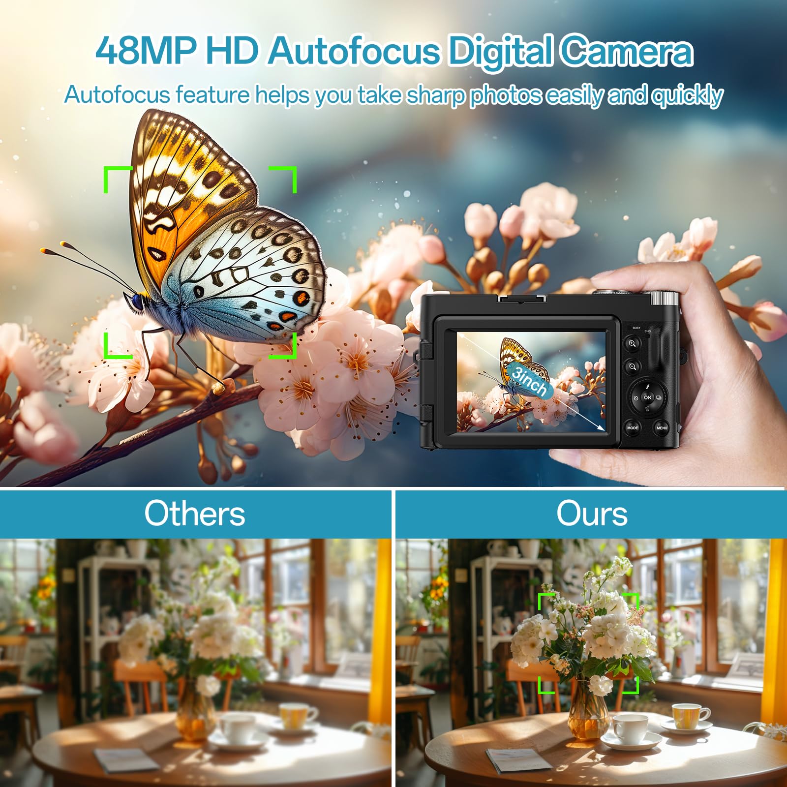 4K Digital Camera For Photography Autofocus 48Mp Vlogging Camera For Youtube With Sd Card 16X Digital Zoom Compact Camera, 3 Inc