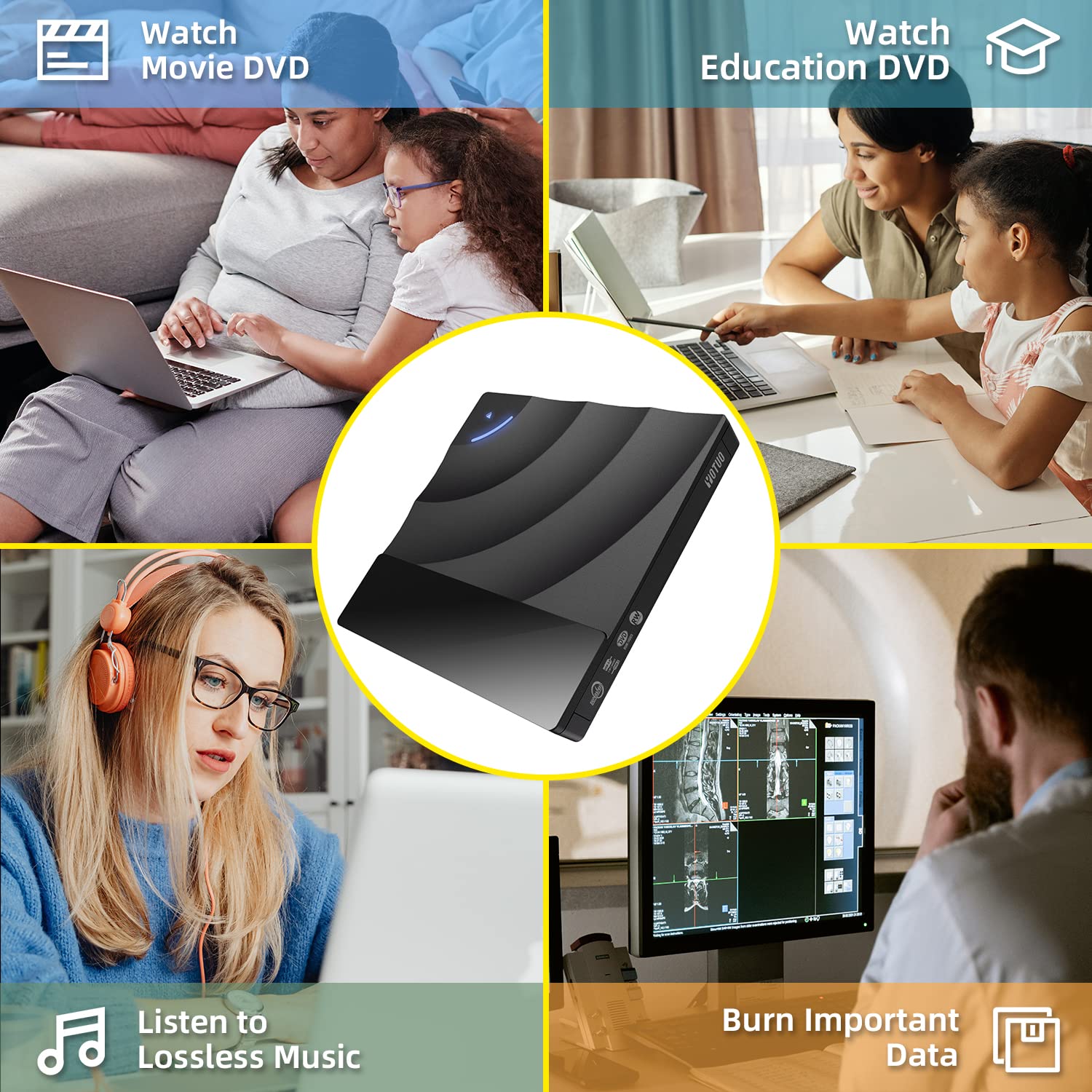 YOTUO External DVD Drive USB 3.0 Type-C Portable CD DVD Burner ROM Rewriter SY-IDD020-02