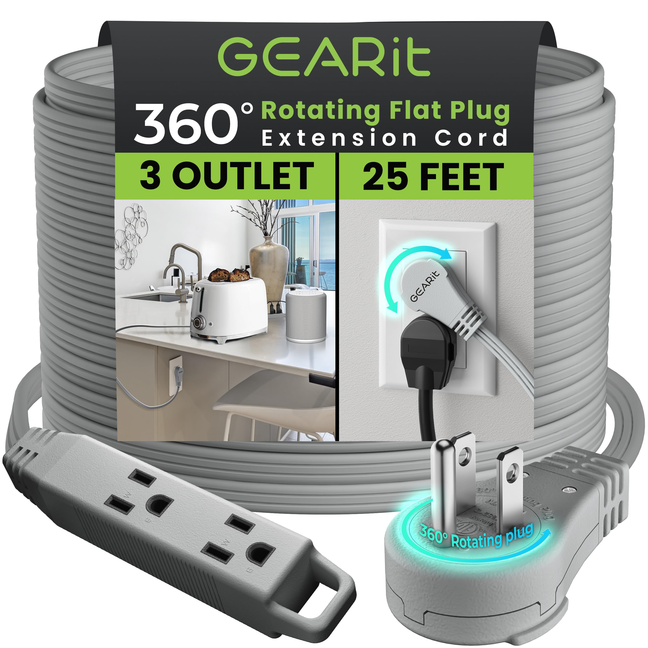 Gearit 360 Rotating Flat Plug Extension Cord With 3 Outlets (25Ft, Gray) 16Awg/13A 3 Prong Wire, Outlet Saver For Home Office Do