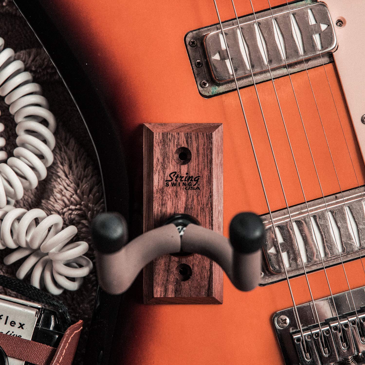 String Swing Guitar Wall Mount Hanger - Wood, Walnut, Model CC01KS-BW, Keeper Strap for Electric, Acoustic & Bass Guitars