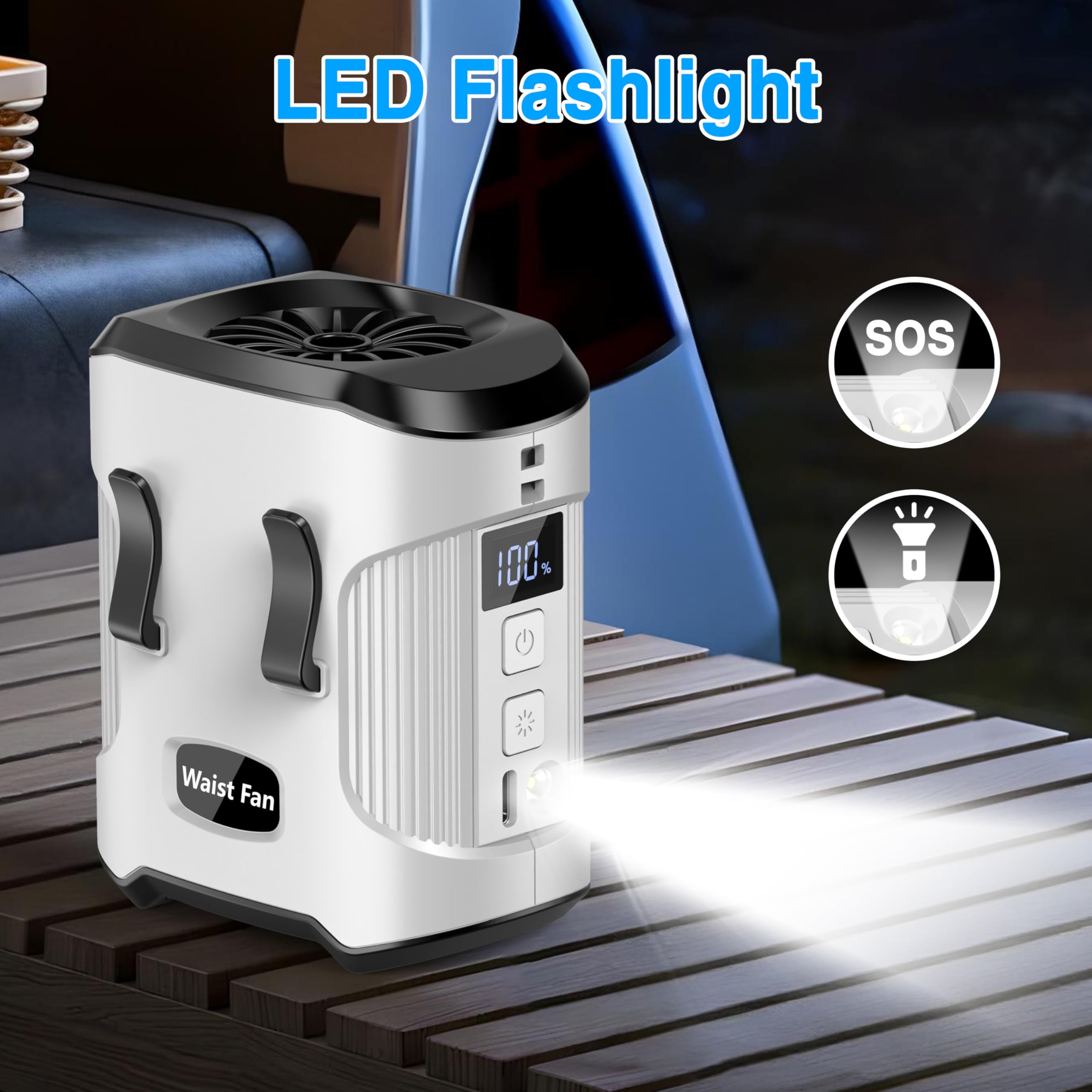 Sunoony Waist Fan Clip On Shirt Belt Body Wearable Hand-Free Rechargeable Battery Powered Fan With 3 Speed & Flashlight Cooling