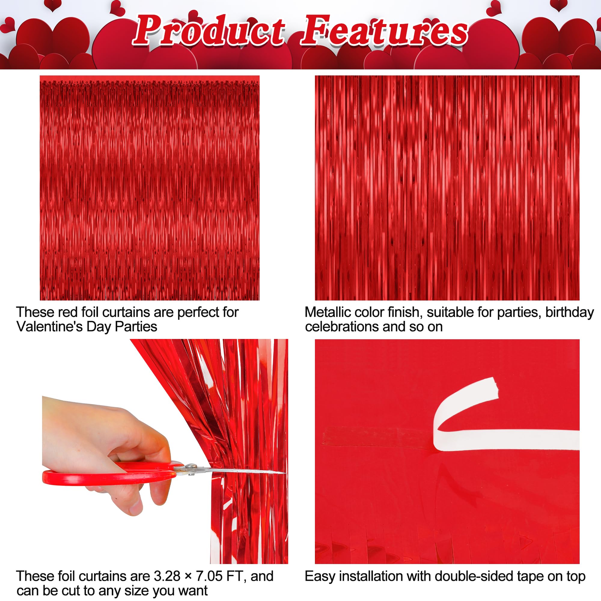 2 Pack Valentine'S Day Backdrop, 3.28 Ft X 7.05 Ft Red Fringe Curtains, Valentines Backdrop Foil Curtains Party Streamer Tinsel