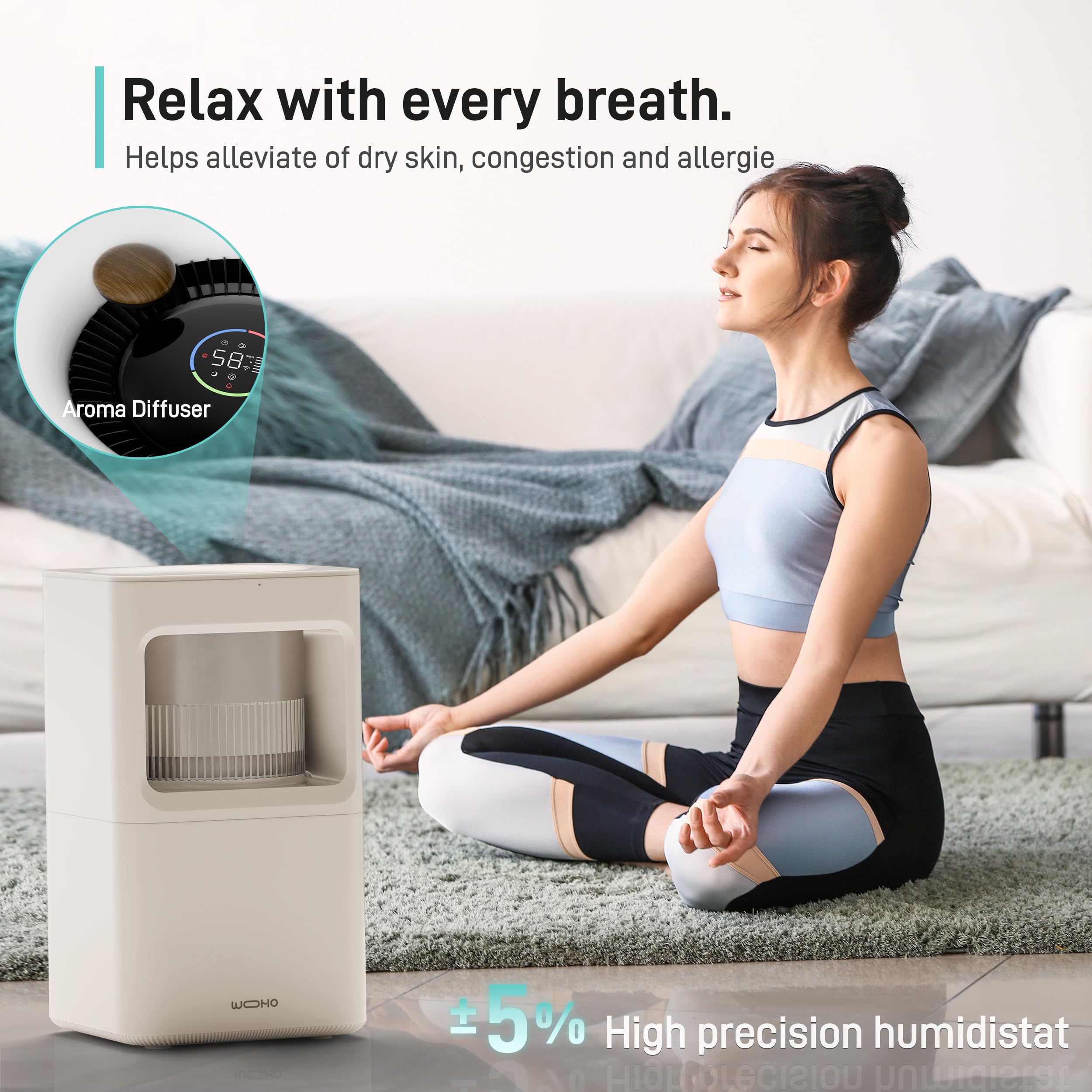 Wooohoo Evaporative Humidifier For Bedroom, 2.11Gal/8L Quiet Humidifiers Large Room With Sleepytime, Aroma Diffuser, 6 Speeds, T