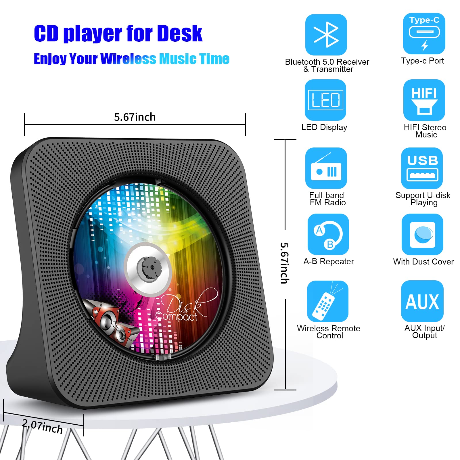 Gueray Portable Cd Player, Bluetooth Cd Kpop Player For Desktop With Hifi Sound Speaker, Fm Radio Cd Music Player For Home With