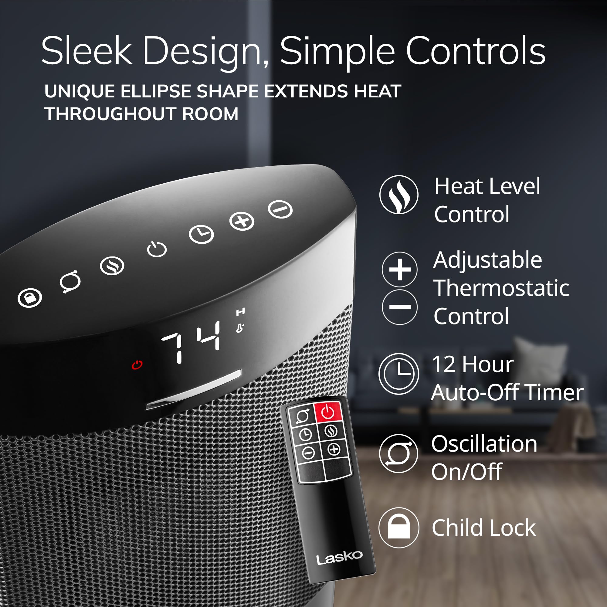 Lasko Ellipse Ceramic Tower Heater For Home With Tipover Switch, Child Lock, Digital Display, Thermostat, Wide Oscillation, Remo