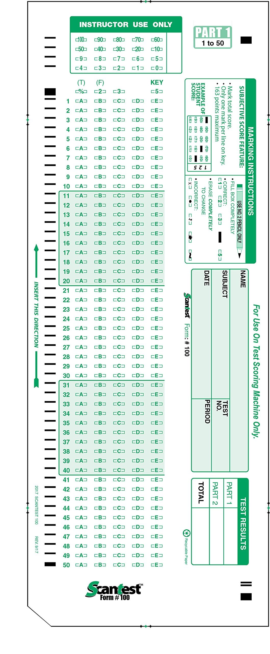 SCANTEST-100, 882 E Compatible Testing Forms (50 Sheet Pack)