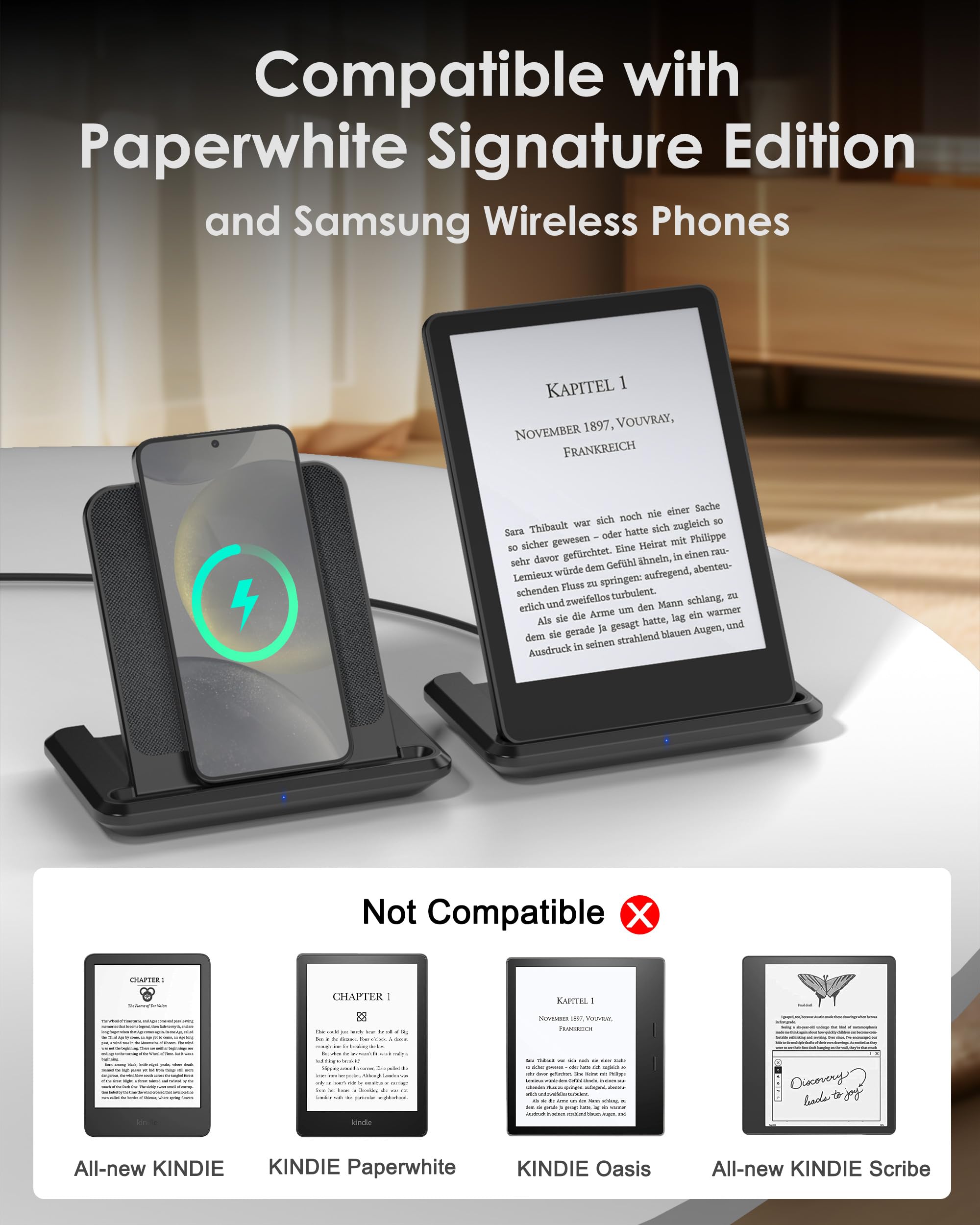 Foldable Wireless Charger Stand Compatible With Kindle Paperwhite Signature Edition And Samsung Phones, Wireless Charging Dock F