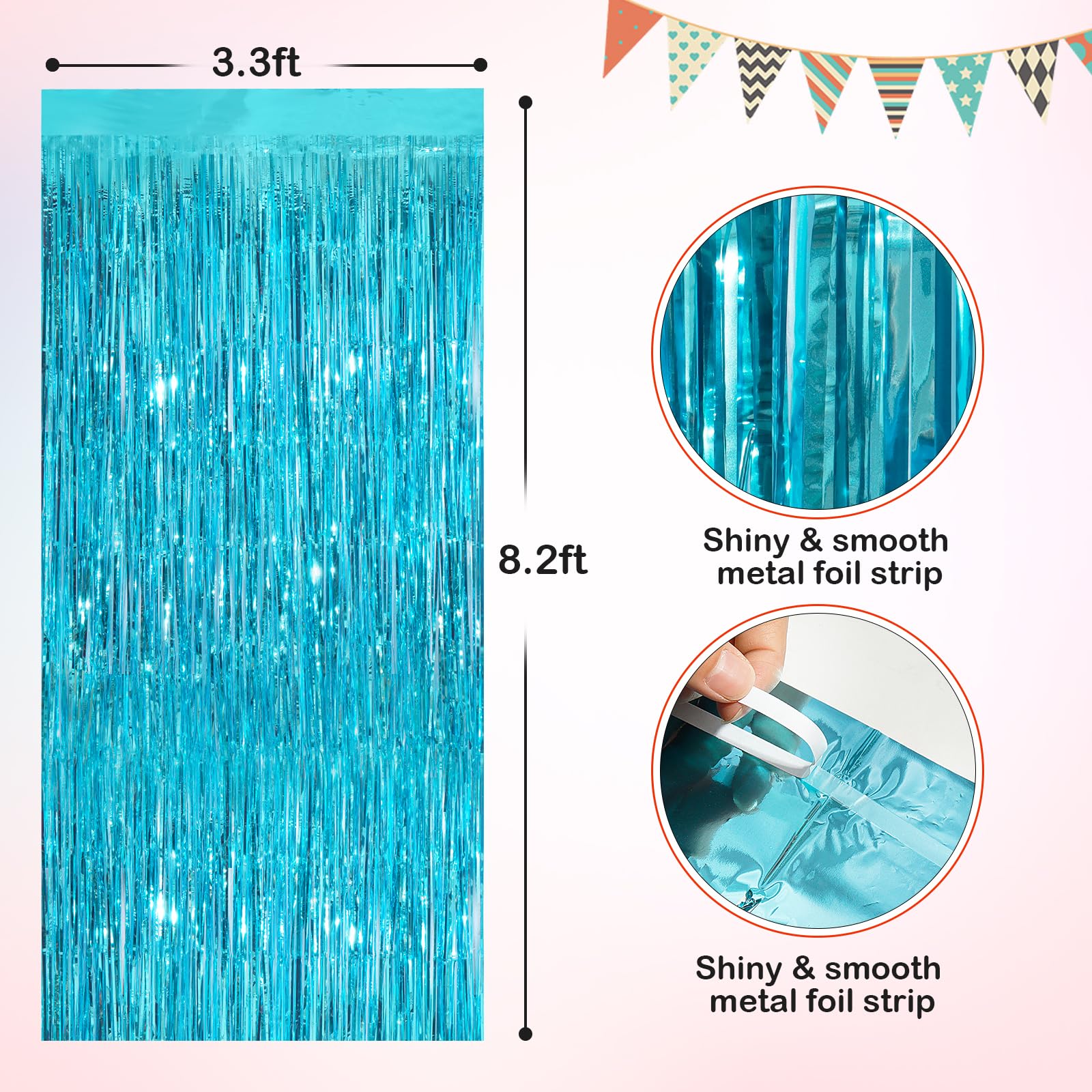 Sky Blue Metallic Tinsel Foil Fringe Curtain, 2 Pack 3.3X8.3 Feet Party Streamer For Birthday Party Decorations, Halloween Decor